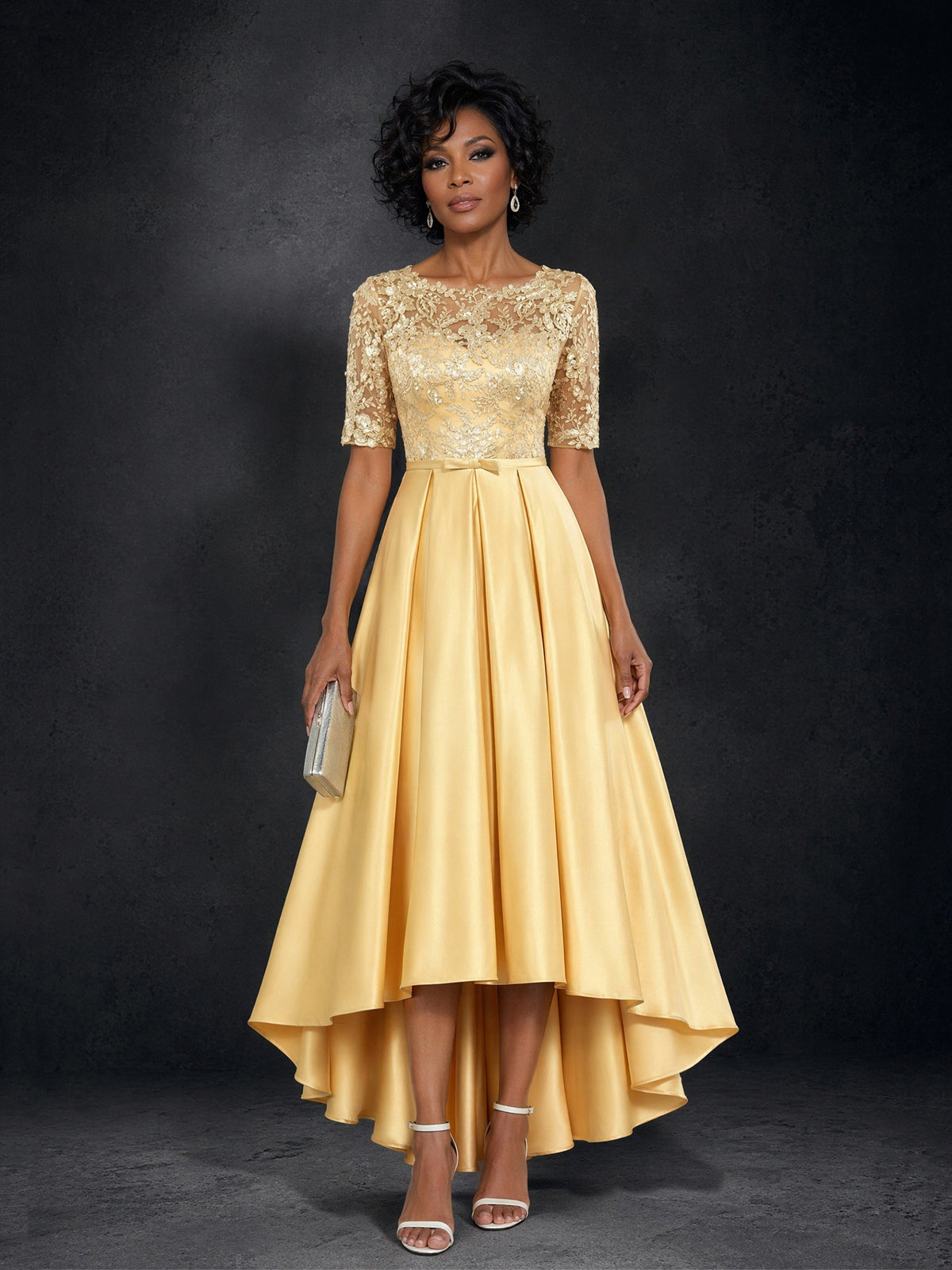 BOLODOO Gold Lace Hi-Low A-Line Mother of the Bride Dress with Half Sleeves