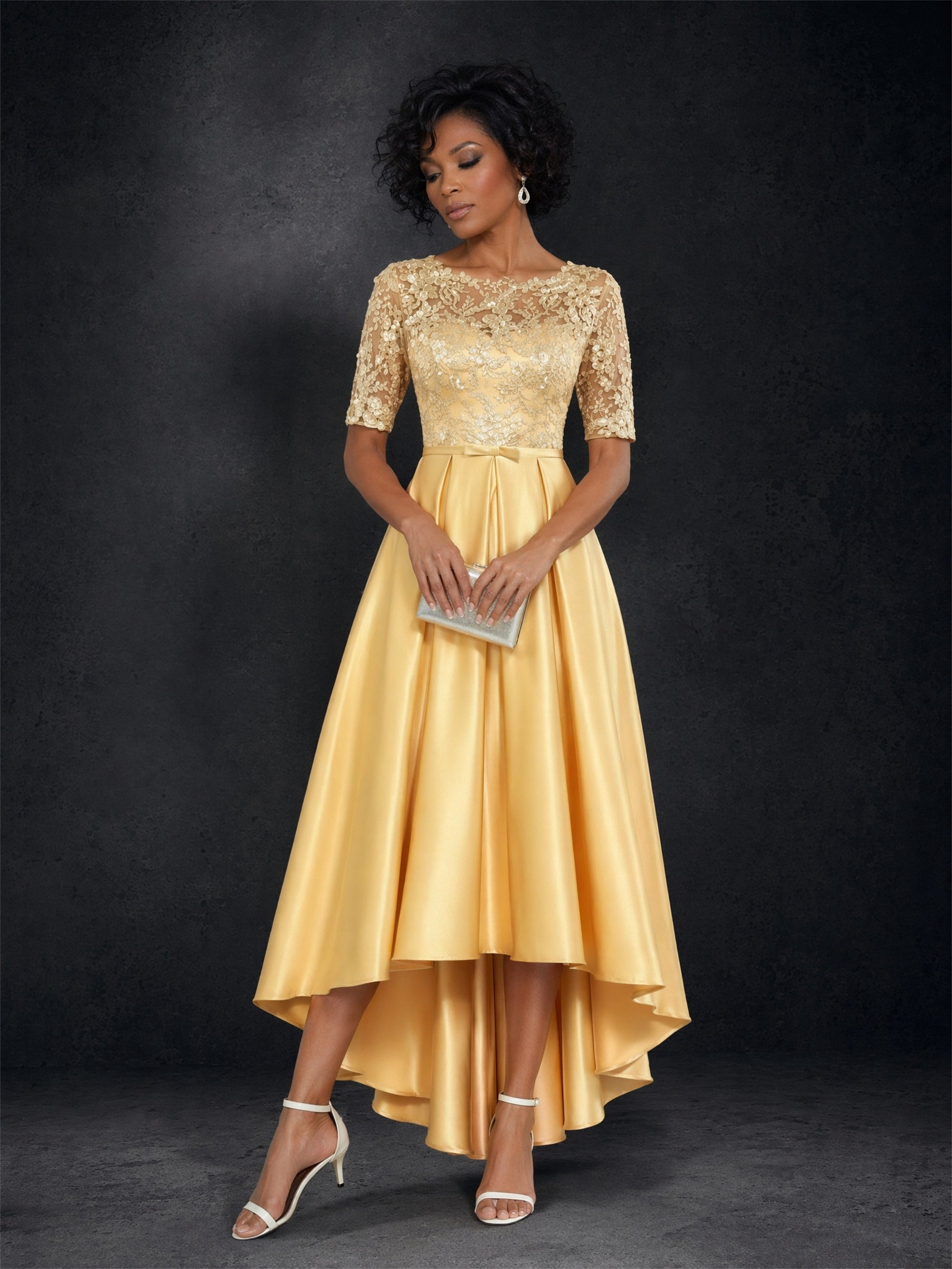 BOLODOO Gold Lace Hi-Low A-Line Mother of the Bride Dress with Half Sleeves