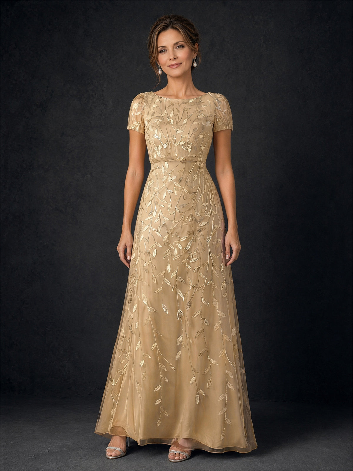 BOLODOO Champagne Gold Leaf Embroidered A-Line Formal Gown with Cap Sleeves