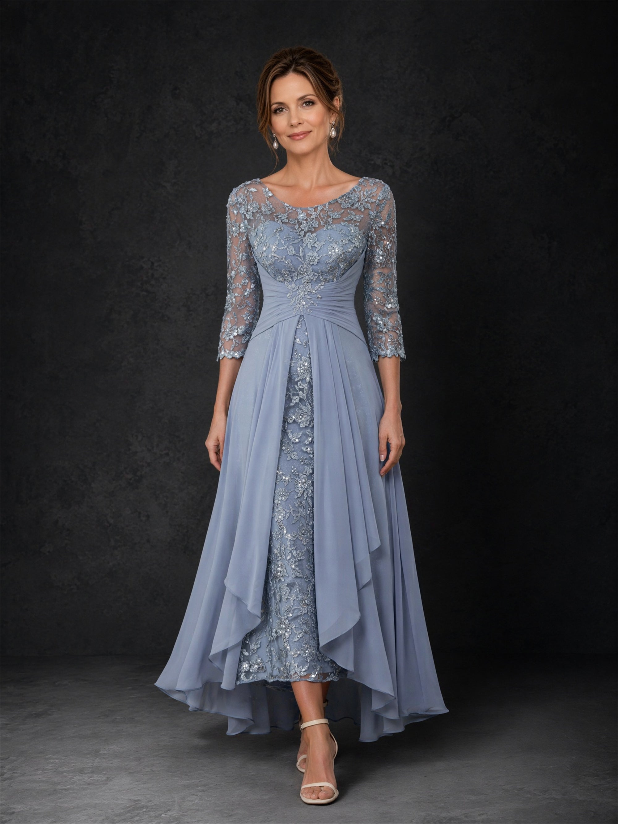 BOLODOO Dusty Blue Sequin Lace & Chiffon Tea-Length Mother of the Bride Dress with 3/4 Sleeves