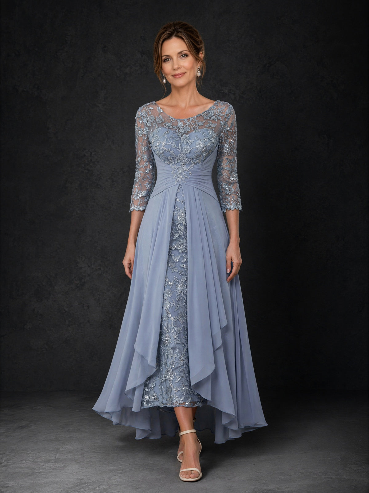 BOLODOO Dusty Blue Sequin Lace & Chiffon Tea-Length Mother of the Bride Dress with 3/4 Sleeves