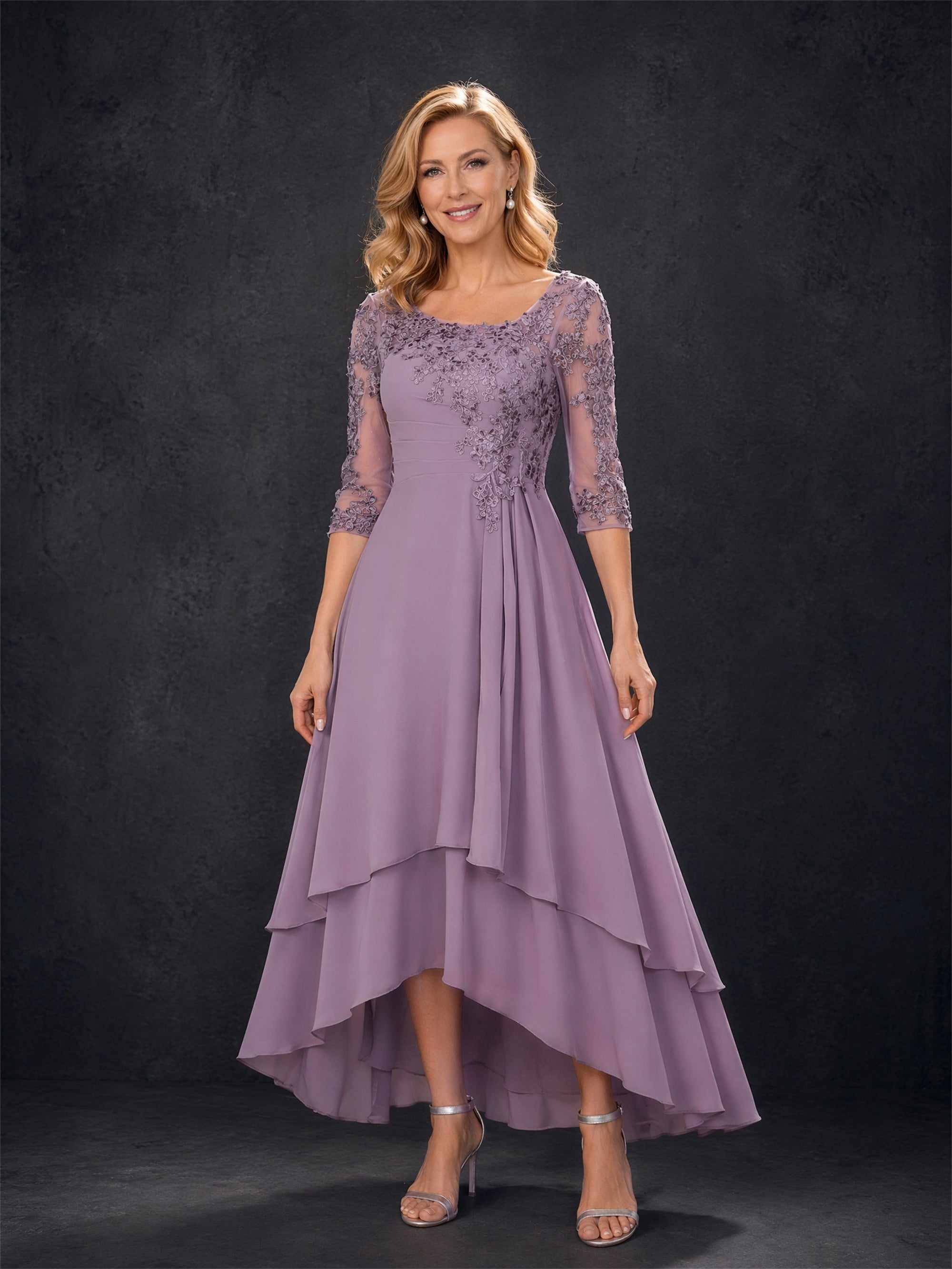 BOLODOO Mauve Purple Lace Applique Chiffon Hi-Low Mother of the Bride Dress with 3/4 Sleeves