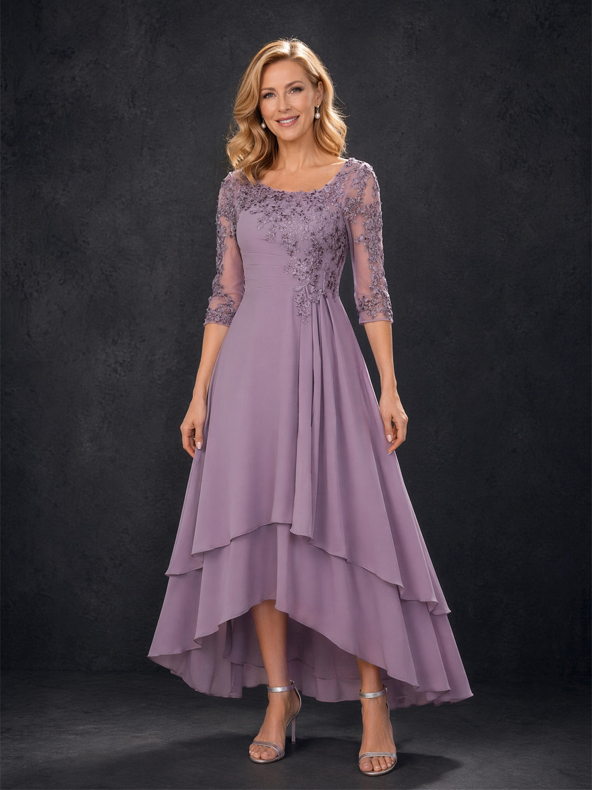 BOLODOO Mauve Purple Lace Applique Chiffon Hi-Low Mother of the Bride Dress with 3/4 Sleeves
