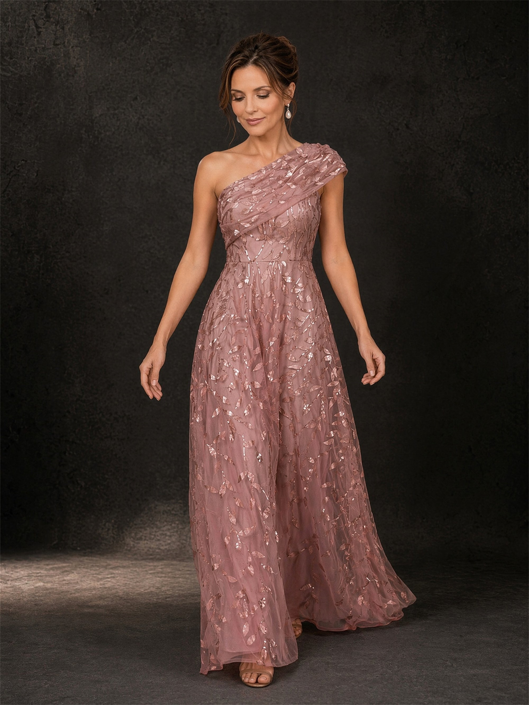BOLODOO dusty rose gold leaf sequin gown - three-quarter front view showing A-line silhouette