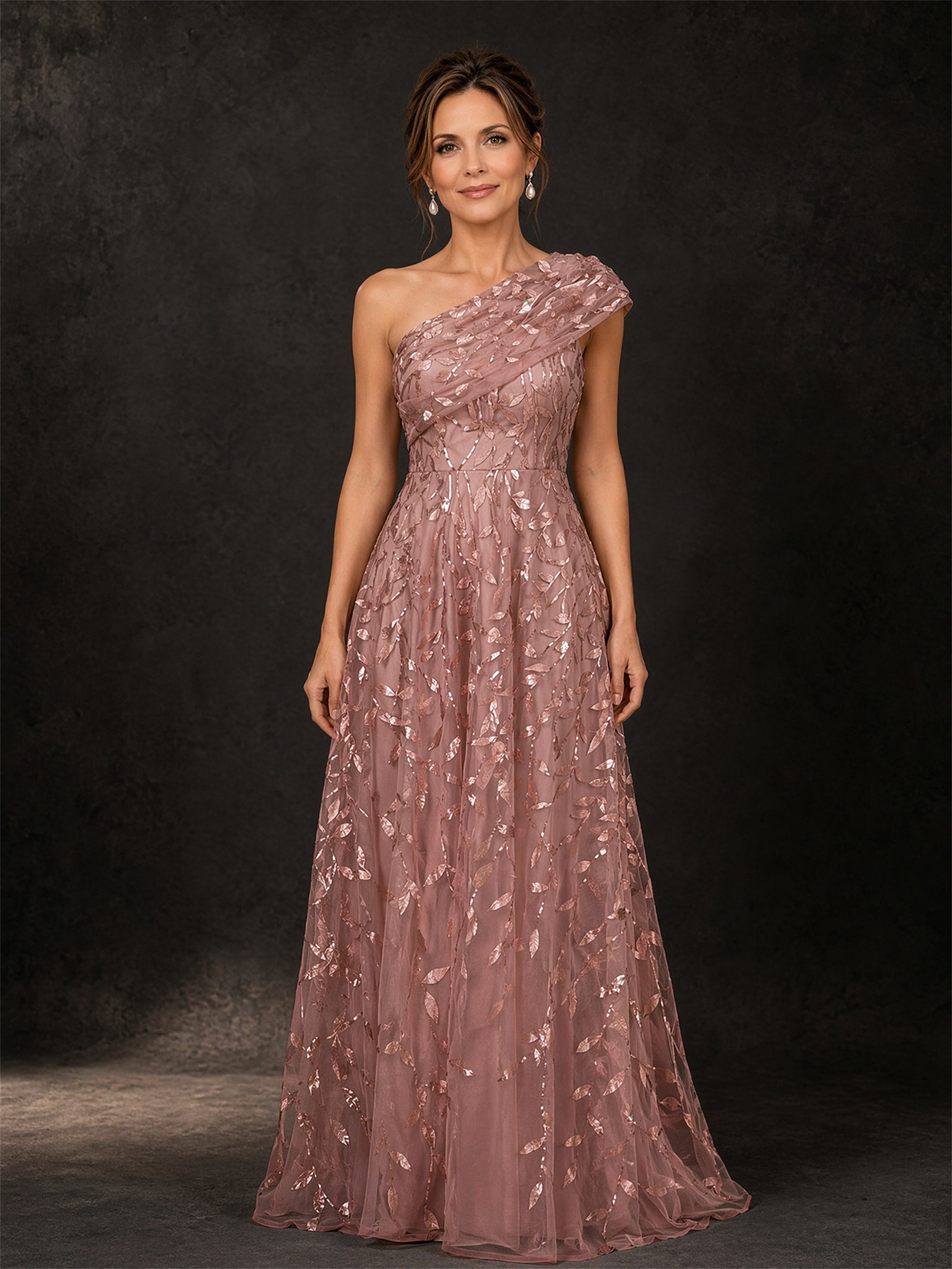 BOLODOO dusty rose gold leaf sequin one-shoulder maxi gown - front full body view