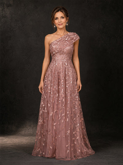 BOLODOO Dusty Rose Gold Leaf Sequin One-Shoulder A-Line Maxi Gown – Mother of the Bride & Formal Evening Dress