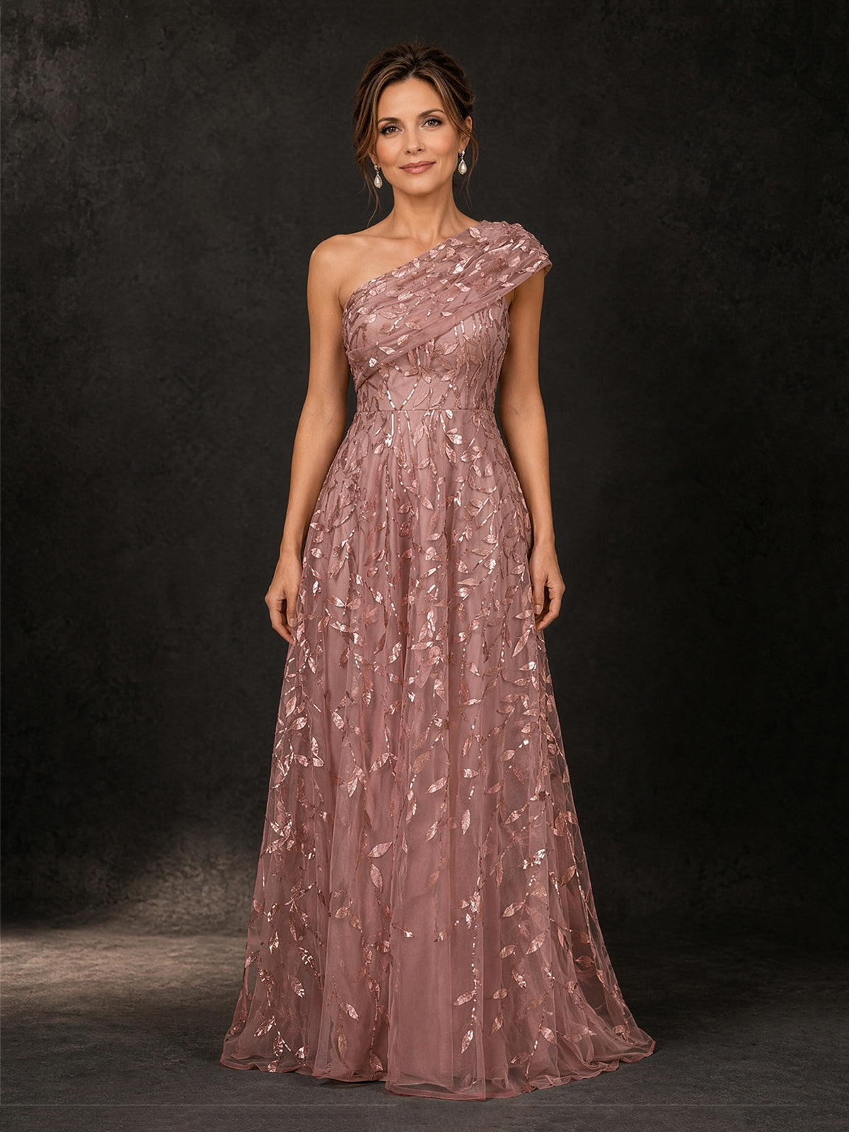 BOLODOO Dusty Rose Gold Leaf Sequin One-Shoulder A-Line Maxi Gown – Mother of the Bride & Formal Evening Dress