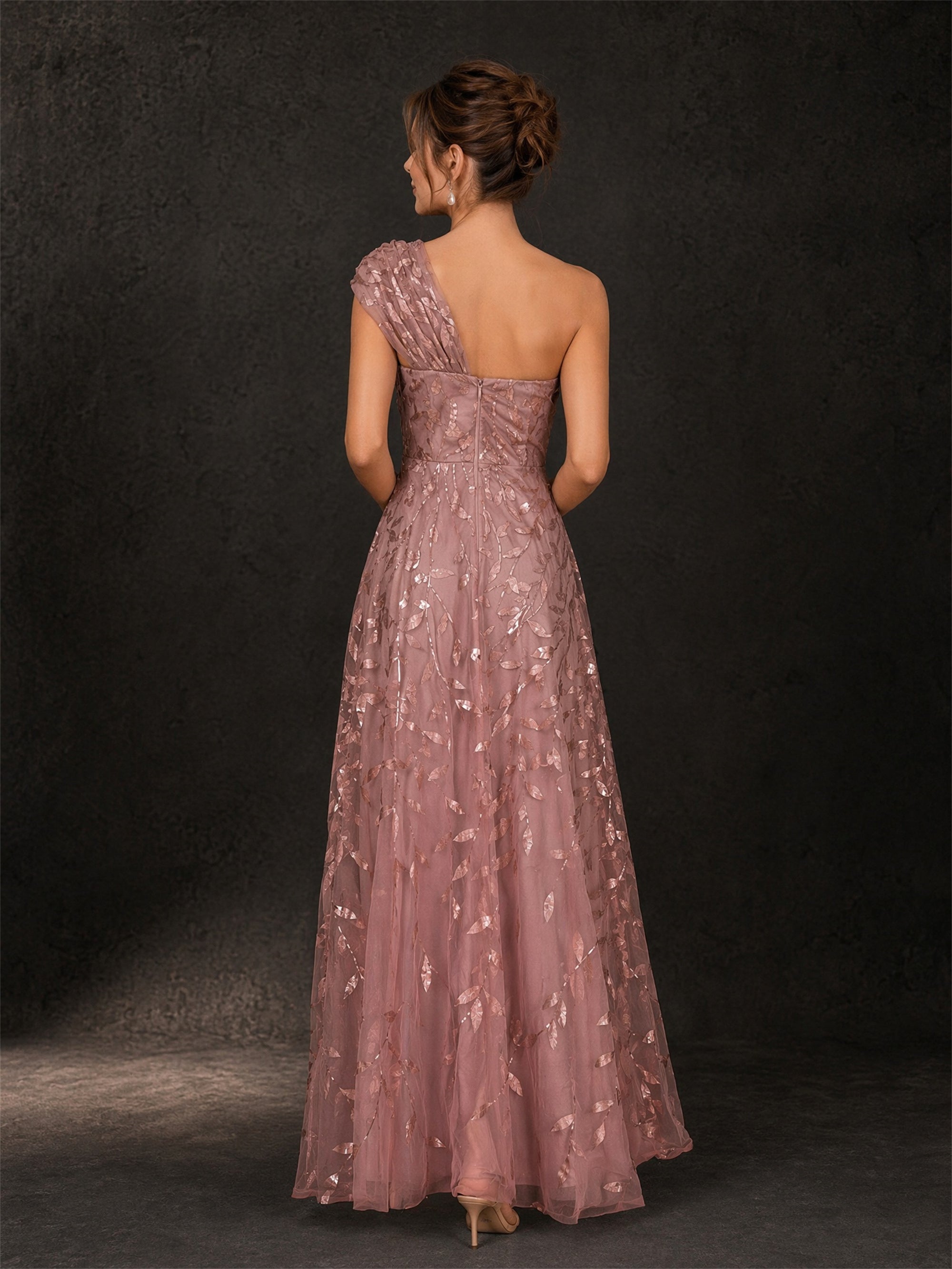 BOLODOO dusty rose gold leaf sequin one-shoulder gown - back view showing covered back and full skirt