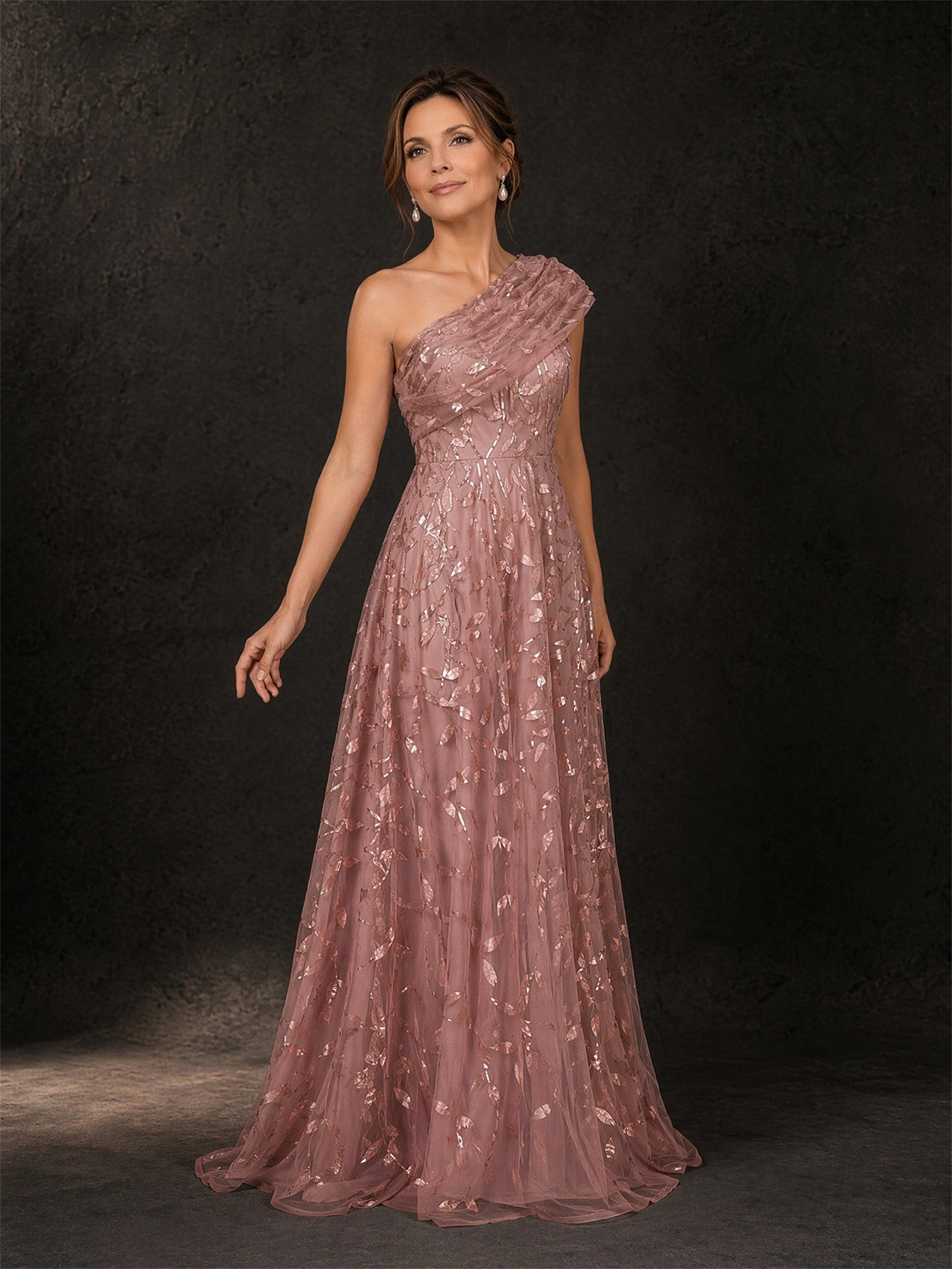 BOLODOO dusty rose gold leaf sequin gown - side angle view showing flowing skirt and ruffle cap sleeve