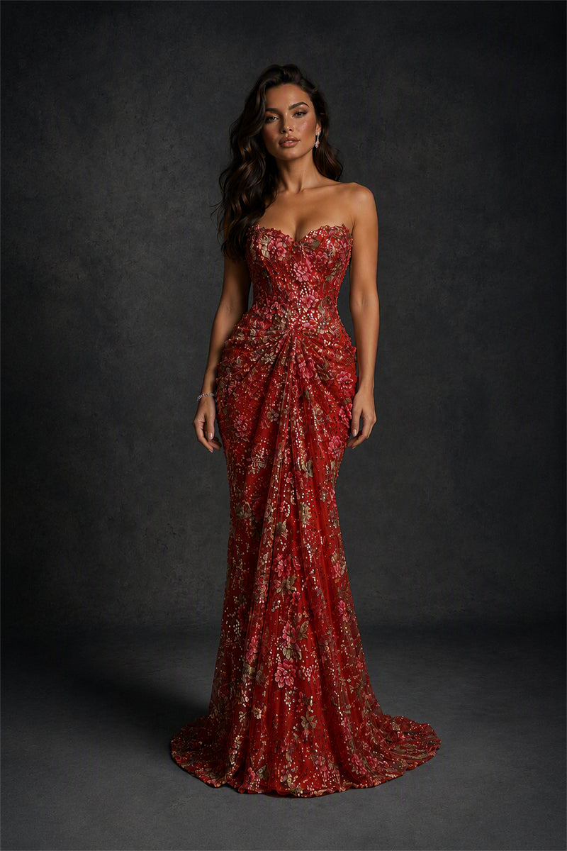 BOLODOO Burgundy 3D Floral Sequin Strapless Mermaid Evening Gown with Sweep Train 