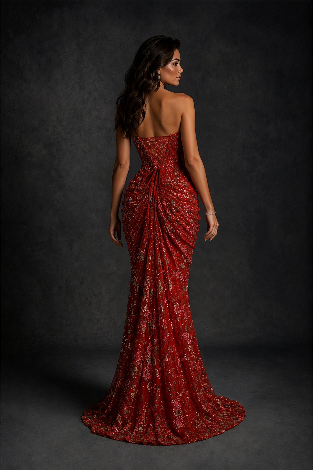 BOLODOO Red 3D Floral Sequin Strapless Mermaid Evening Gown with Sweep Train 