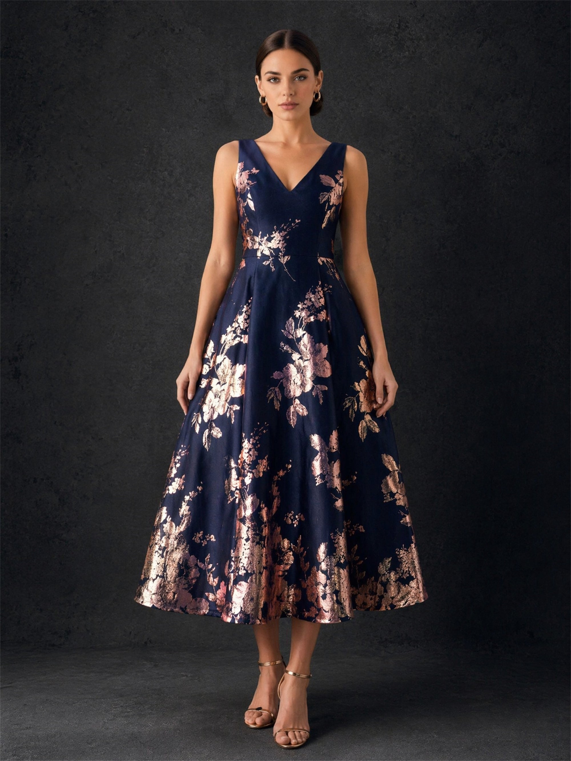 BOLODOO navy blue rose gold floral jacquard V-neck tea-length dress - front full body view with gold heels