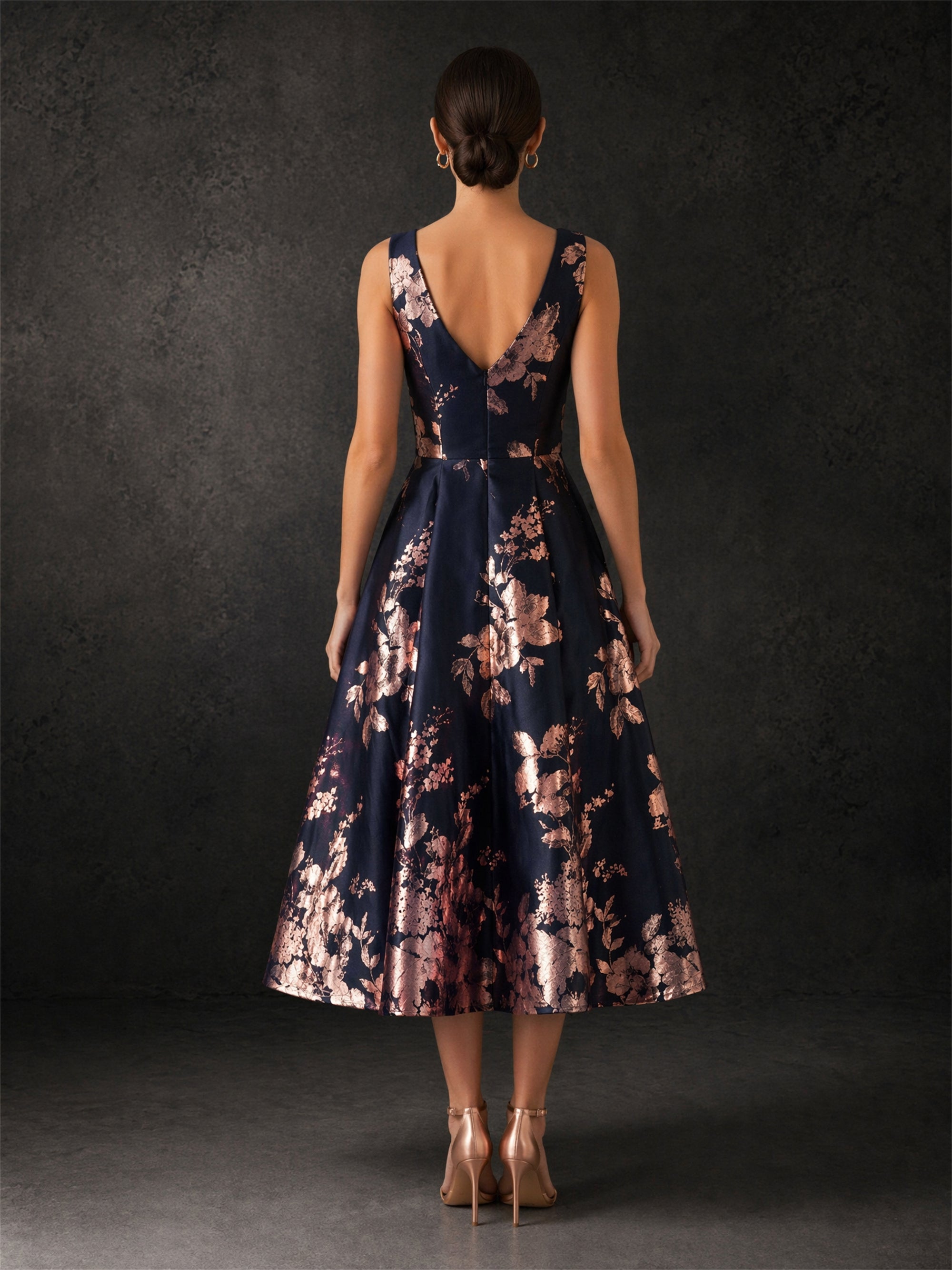 BOLODOO navy rose gold floral jacquard dress - back view showing V-back open back detail and full skirt