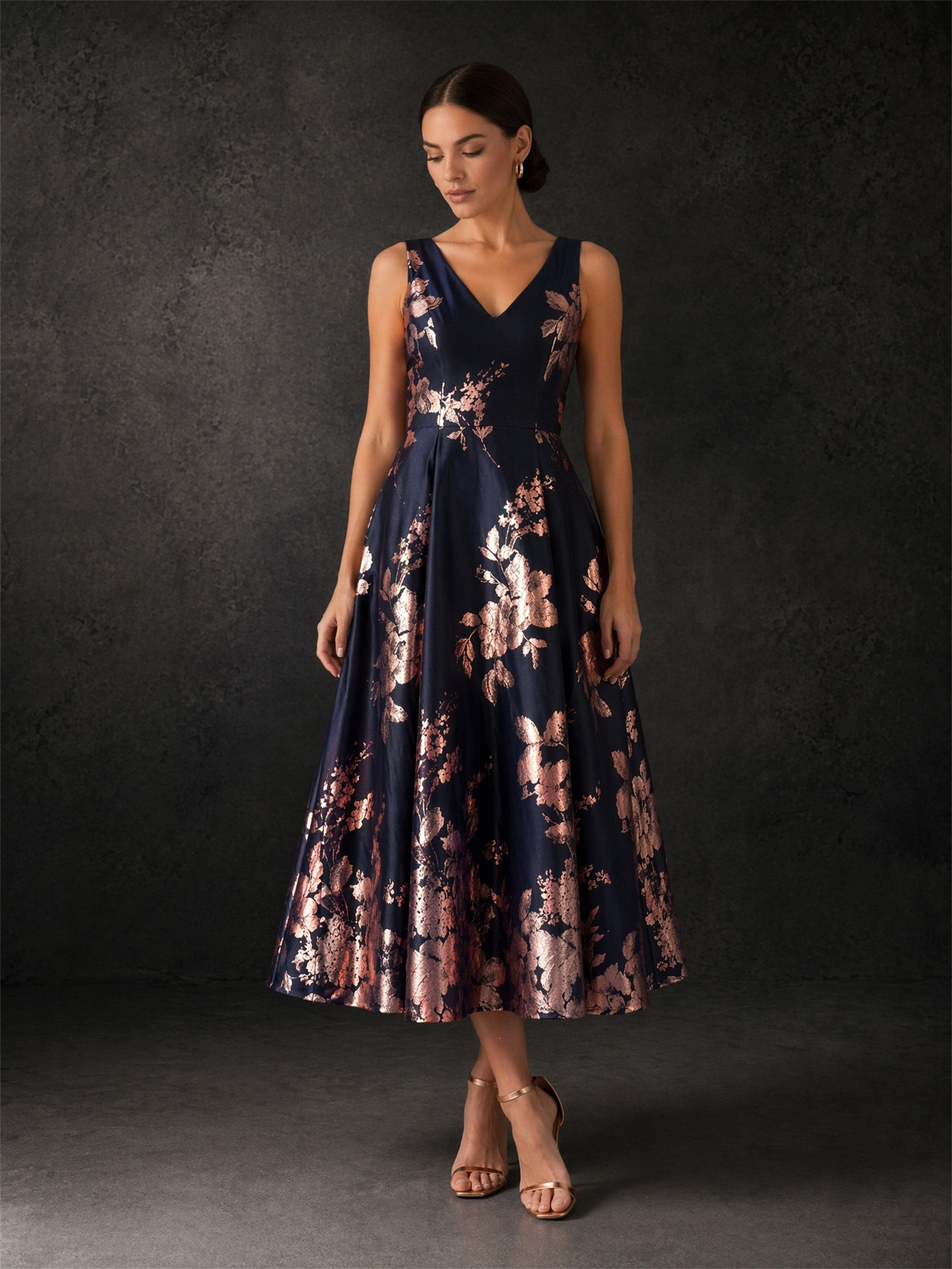 BOLODOO navy rose gold floral jacquard tea-length dress - side front view showing full A-line skirt volume