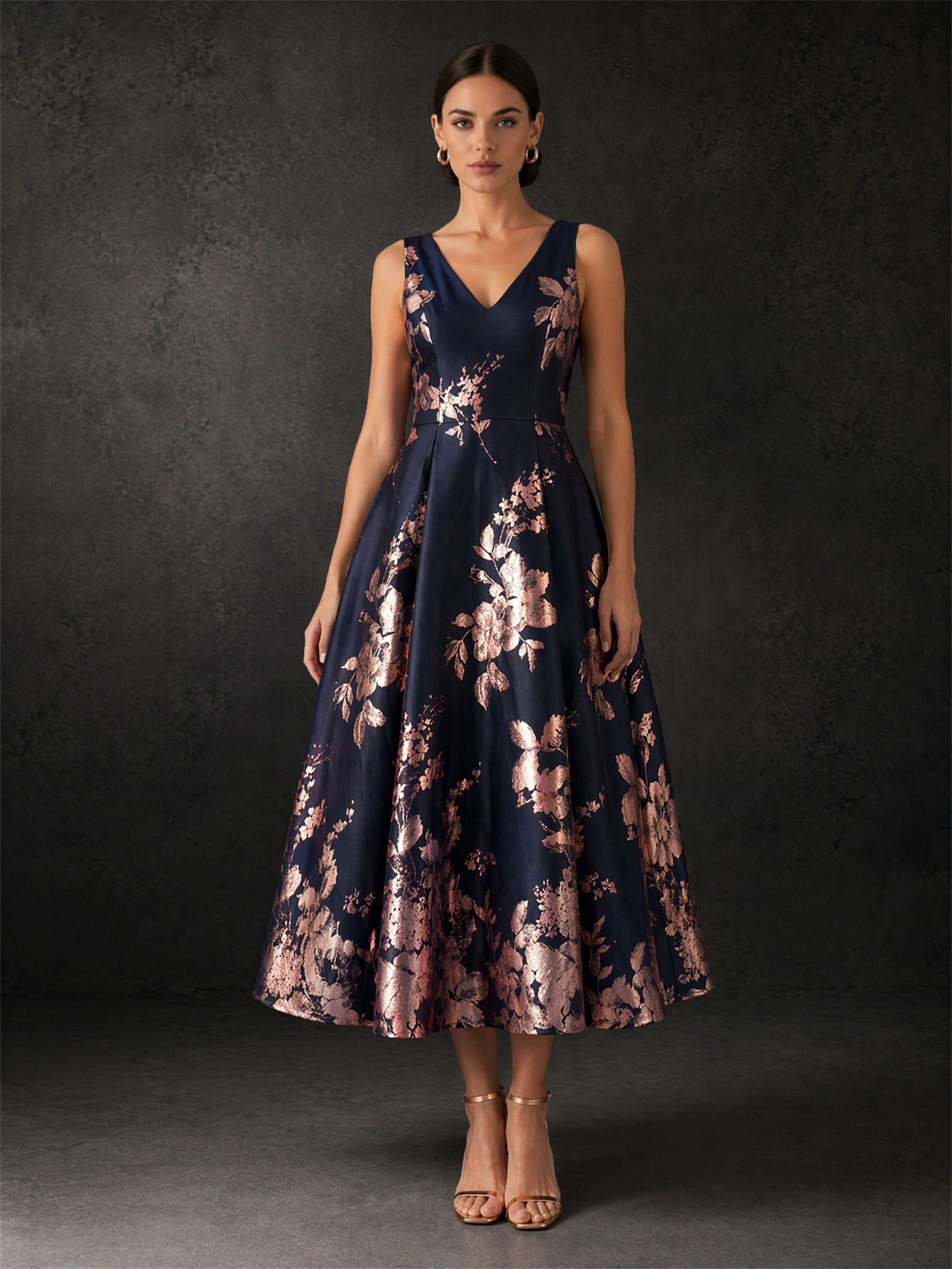 BOLODOO navy rose gold floral jacquard dress - front view showing V-neckline and A-line silhouette