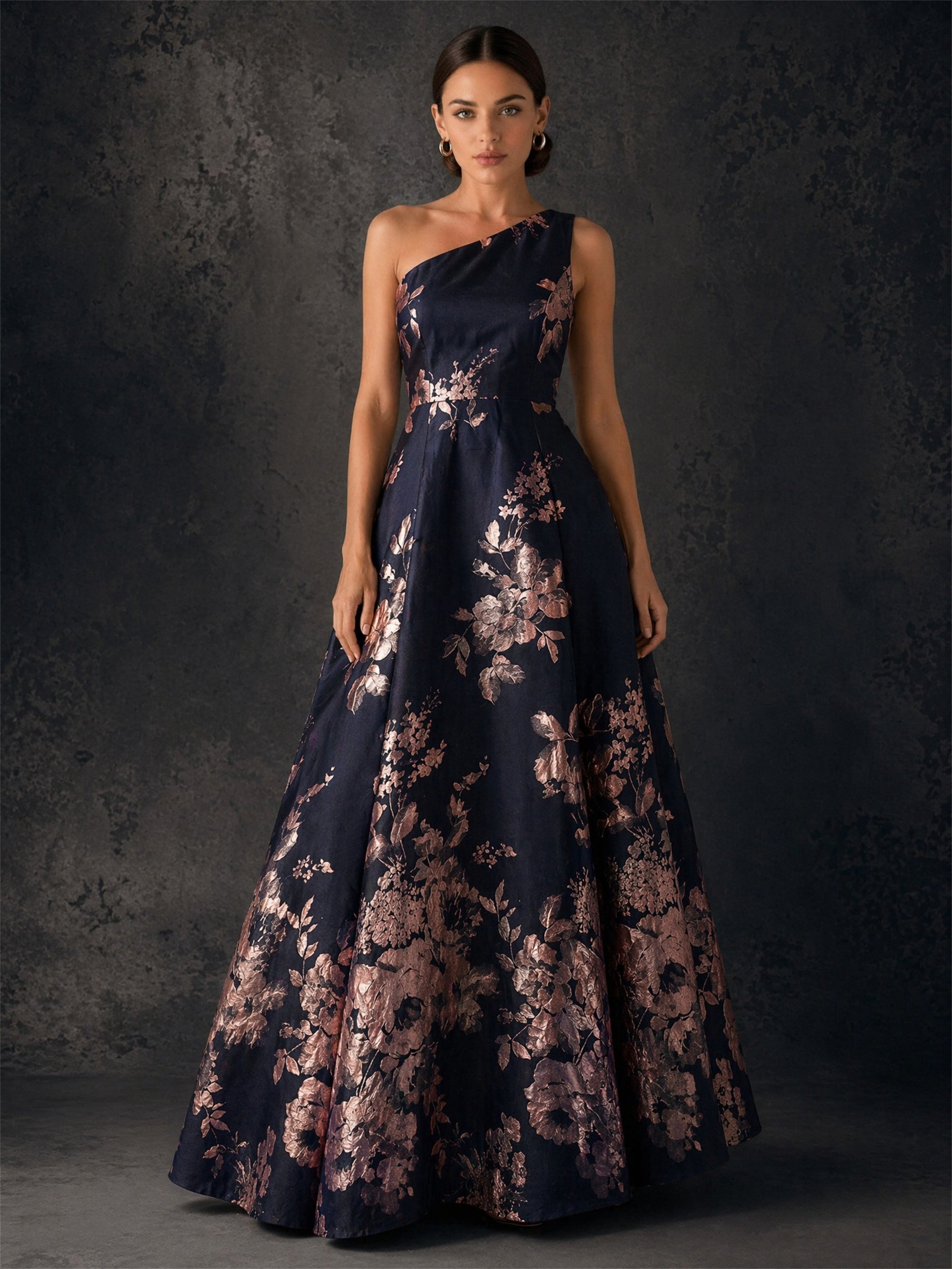 BOLODOO navy blue rose gold floral jacquard one-shoulder A-line maxi gown - front full body view