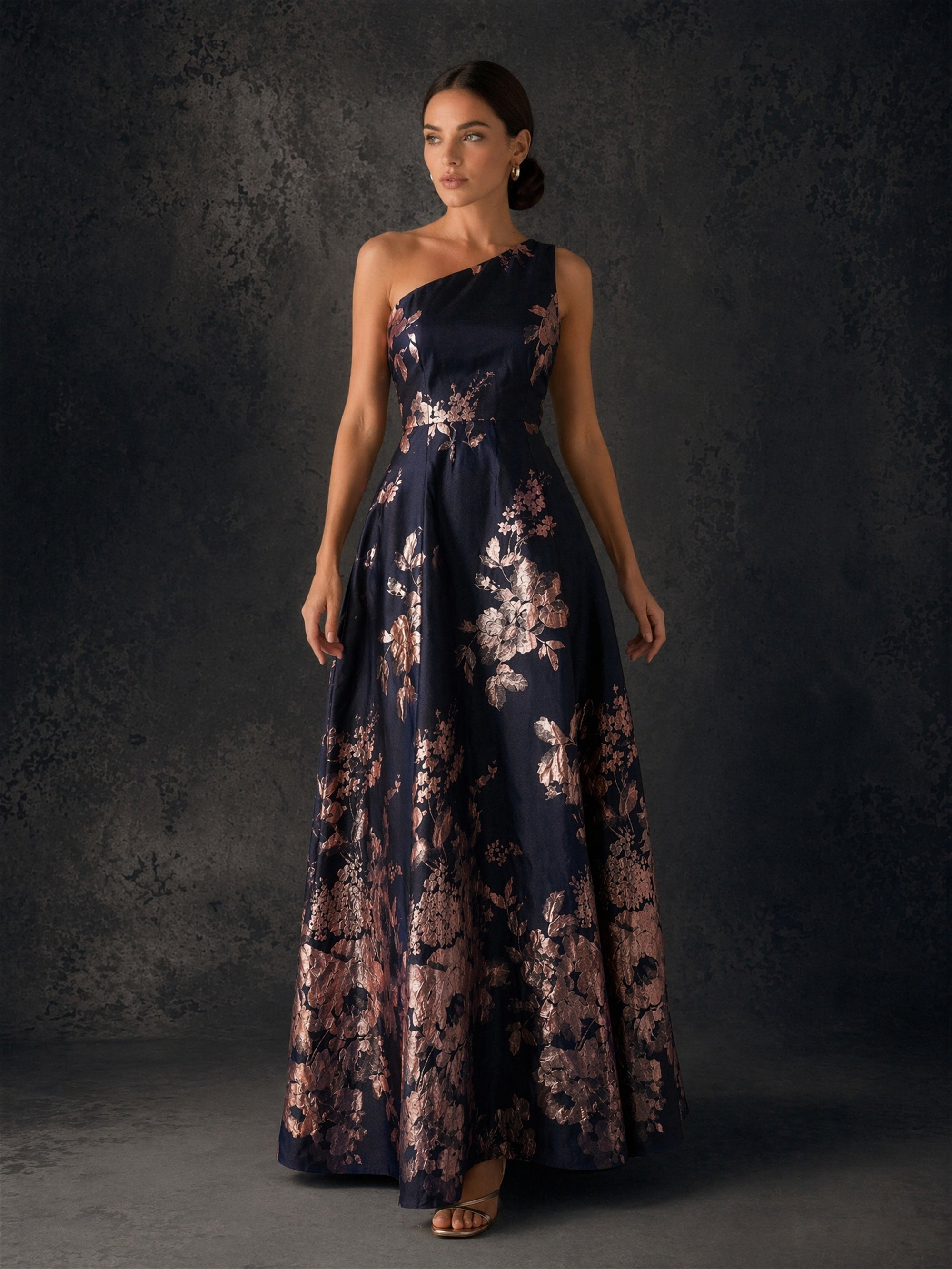 BOLODOO navy rose gold floral jacquard one-shoulder gown - front view showing full A-line ball gown silhouette