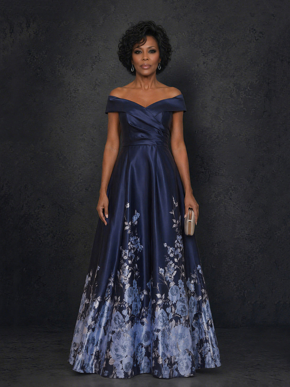 BOLODOO Navy Blue Floral Print Off-Shoulder Satin A-Line Maxi Gown – Mother of the Bride & Formal Evening Dress