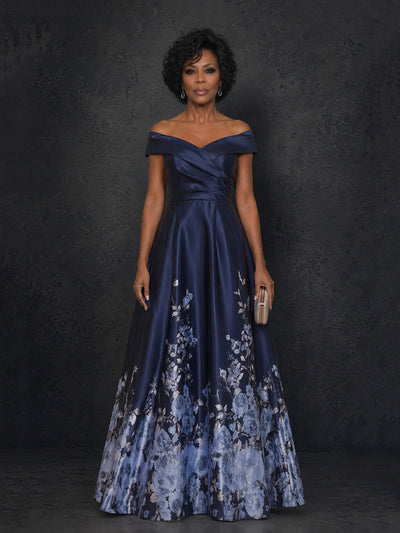 BOLODOO Navy Blue Floral Print Off-Shoulder Satin A-Line Maxi Gown – Mother of the Bride & Formal Evening Dress