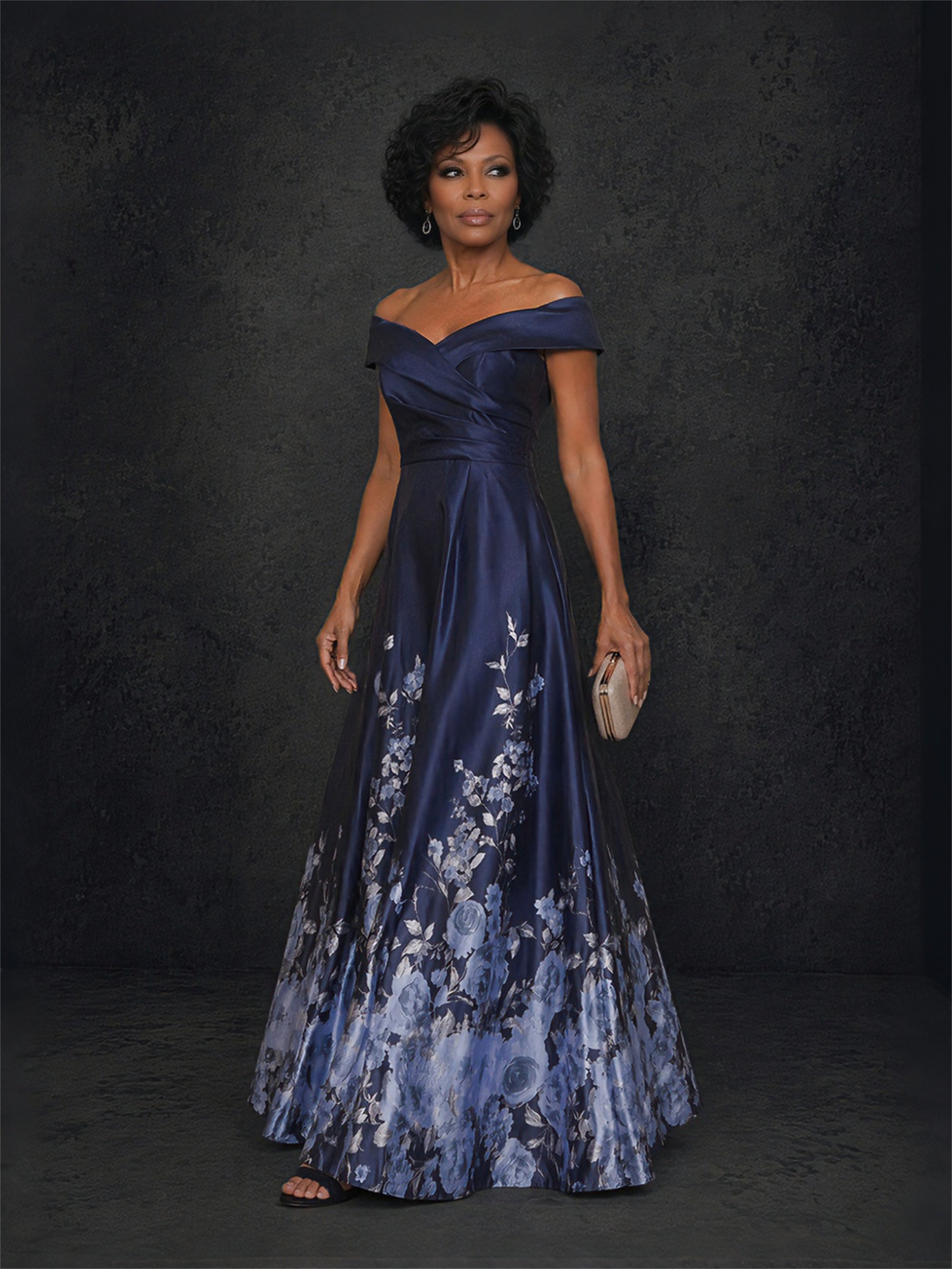 BOLODOO navy blue floral print off-shoulder gown - front view showing full A-line silhouette and ombre floral skirt