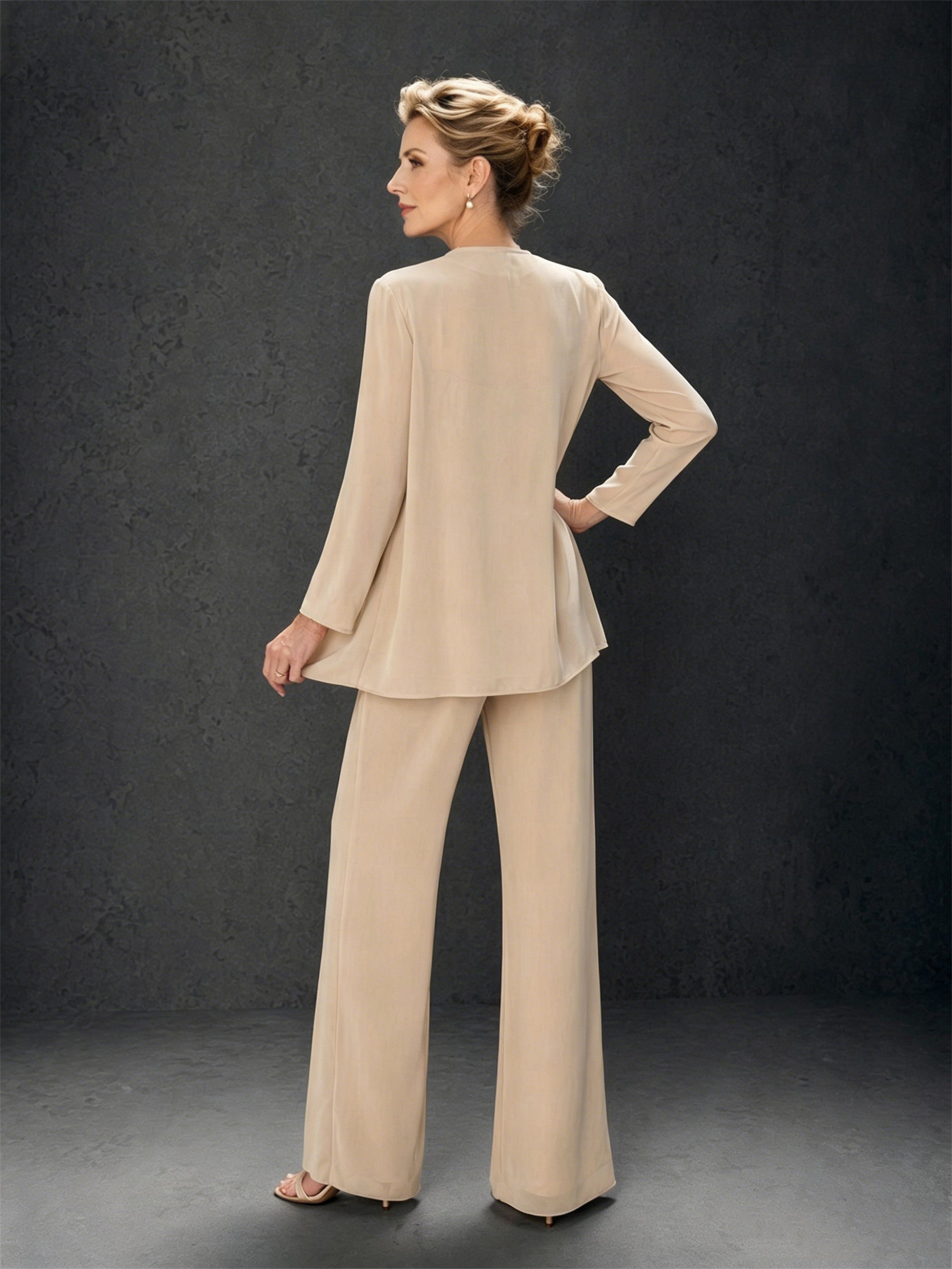 BOLODOO champagne 3-piece mother of the bride pant suit - front view with beaded sleeveless top and wide-leg pants