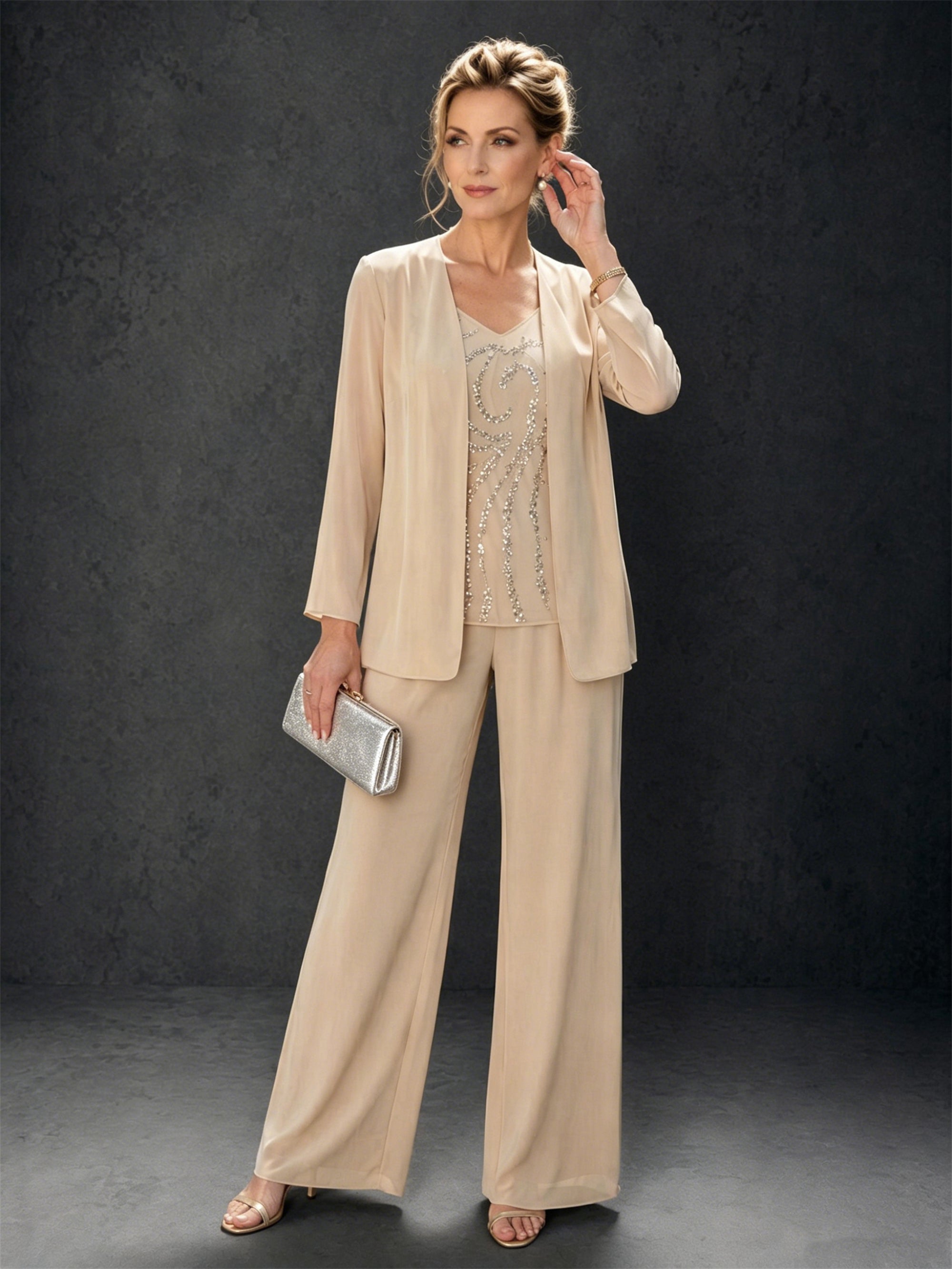 BOLODOO champagne 3-piece pant suit - front view with open chiffon jacket and beaded top
