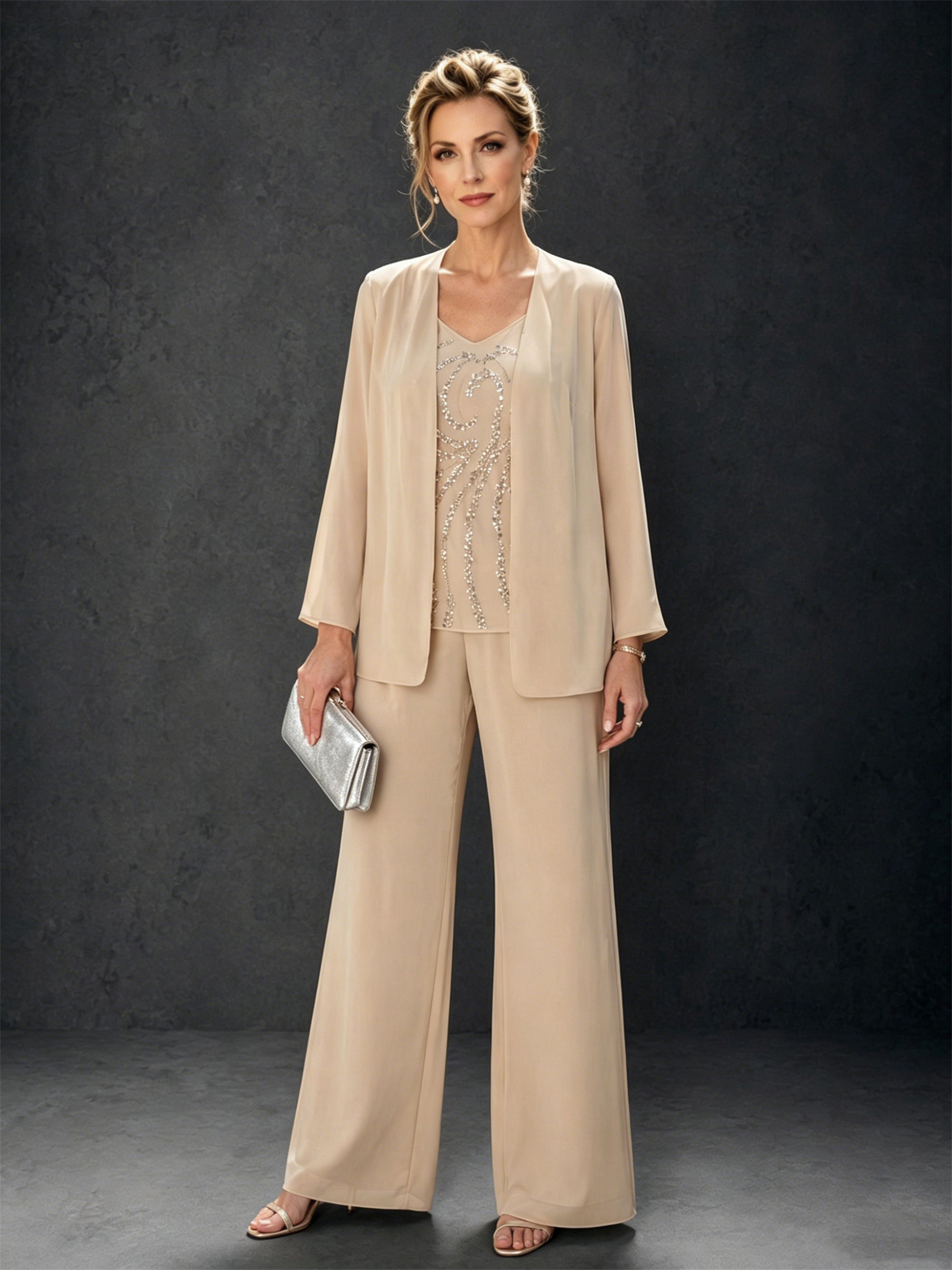 BOLODOO champagne pant suit - back view of beaded sleeveless top with V-back and wide-leg pants