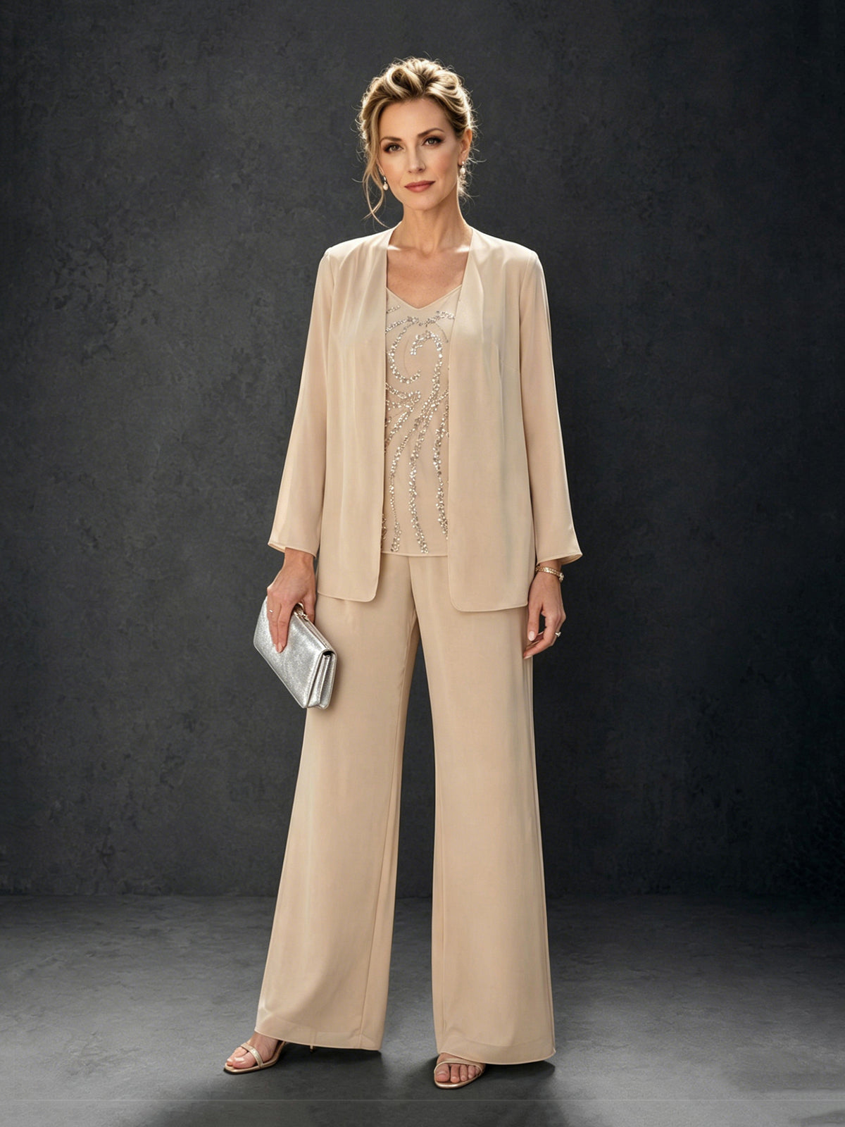 BOLODOO Champagne 3-Piece Mother of the Bride Pant Suit with Beaded Top & Chiffon Jacket