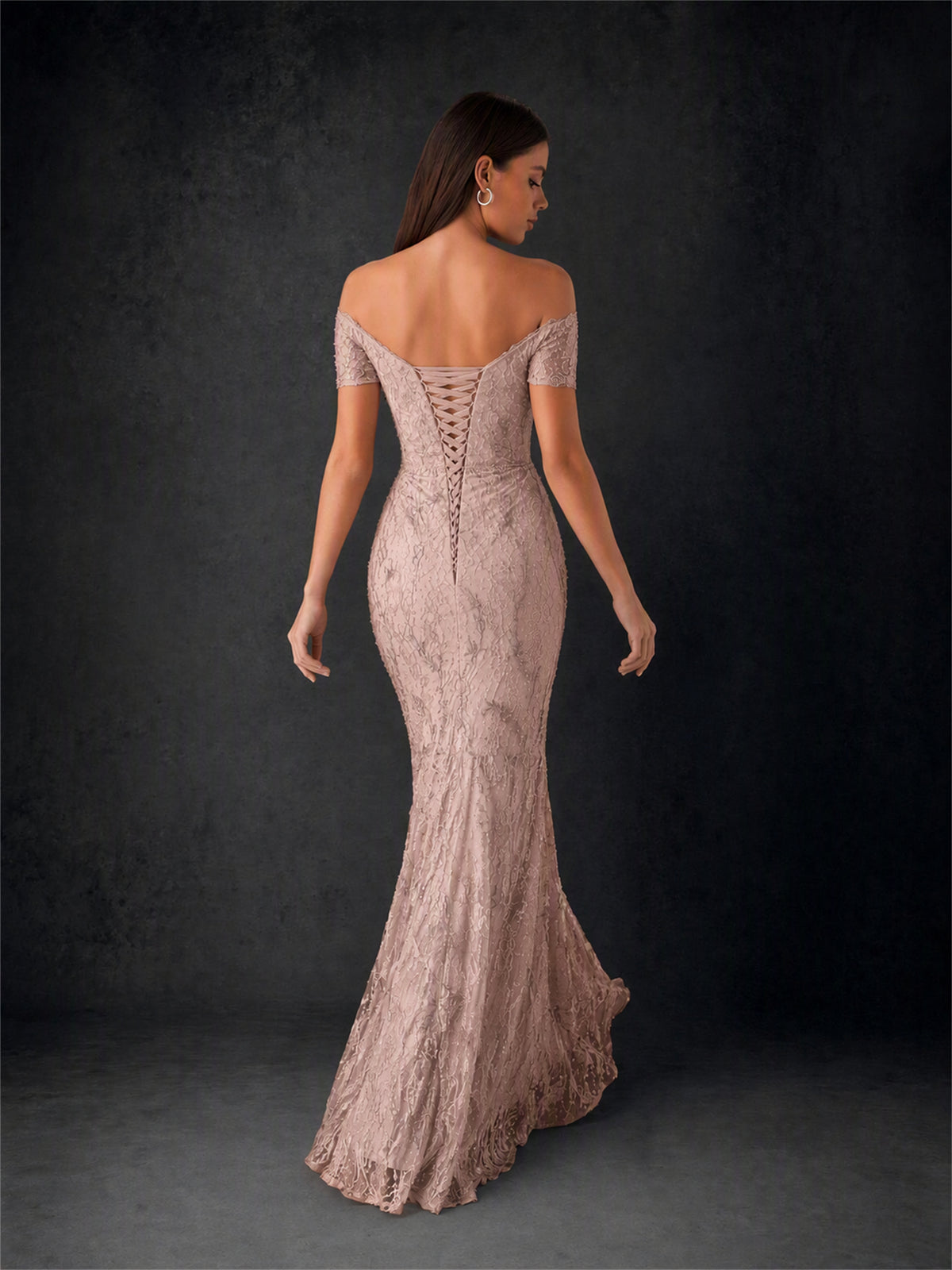 BOLODOO Rose Gold Beaded Lace Off-Shoulder Mermaid Formal Evening Gown with Short Sleeves 