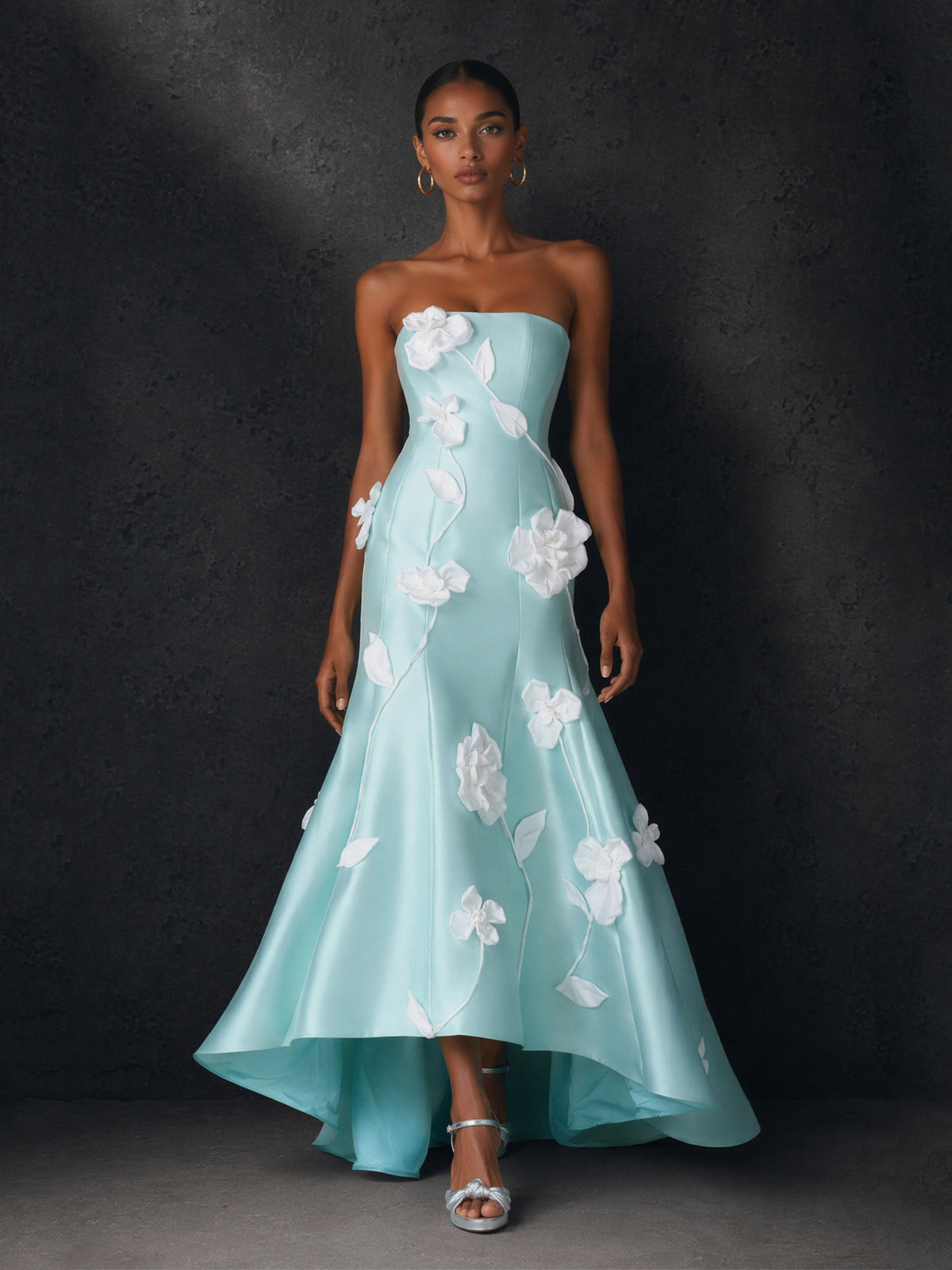 BOLODOO Light Blue 3D Floral Applique Strapless Hi-Low Formal Gown – Mermaid Evening & Prom Dress 