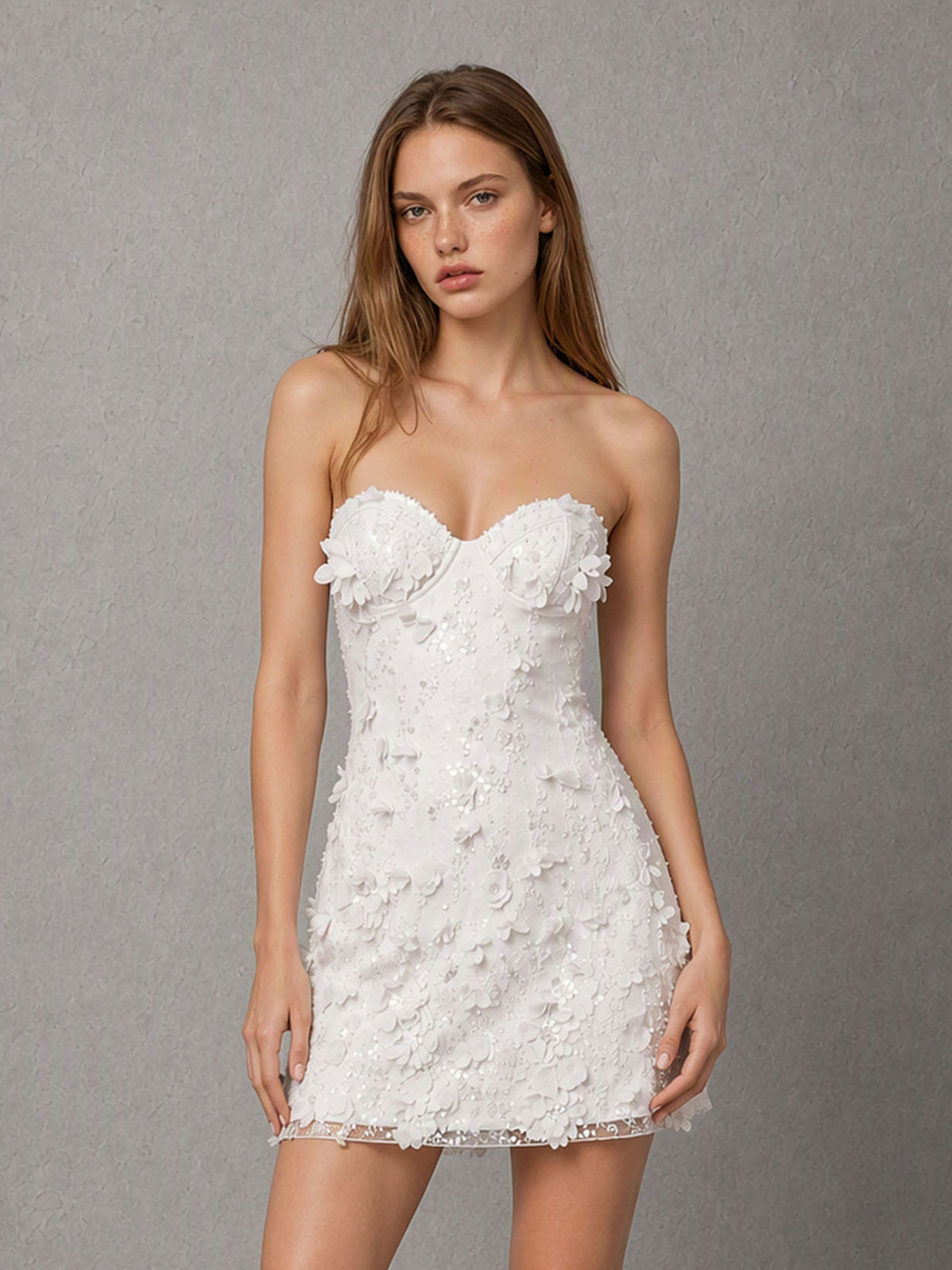 BOLODOO White 3D Floral Sequin Strapless Mini Dress | Sweetheart Backless Corset Party Dress 