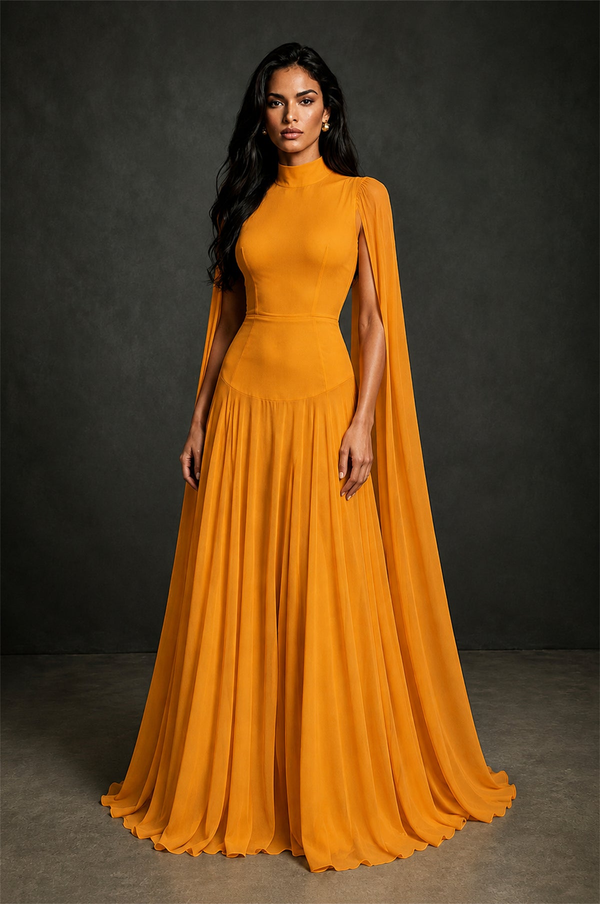 BOLODOO Marigold Mock Neck Cape Sleeve A-Line Chiffon Maxi Dress - Marigold - Marigold (1)