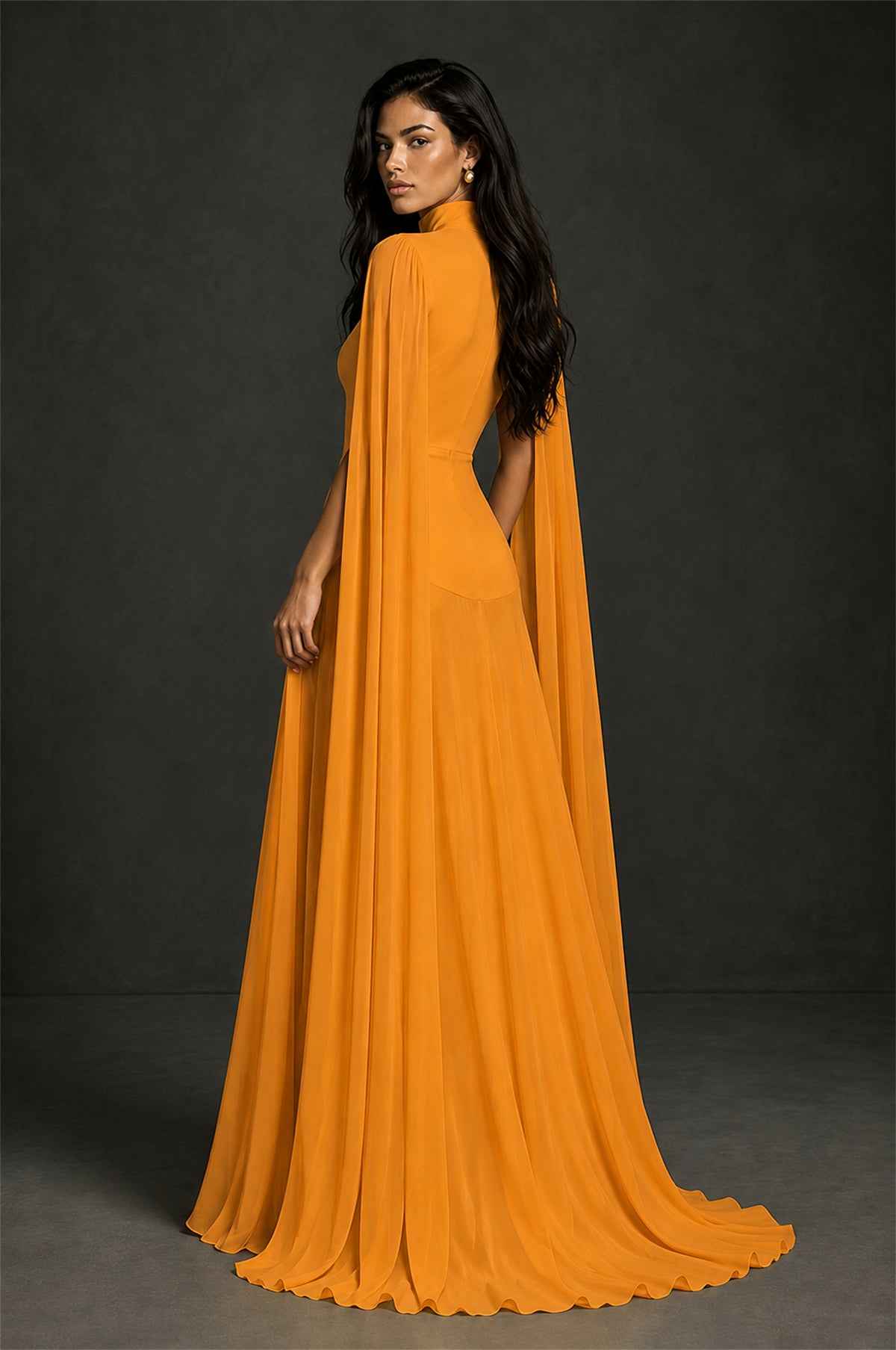 BOLODOO Marigold Mock Neck Cape Sleeve A-Line Chiffon Maxi Dress - Marigold - Marigold (2)