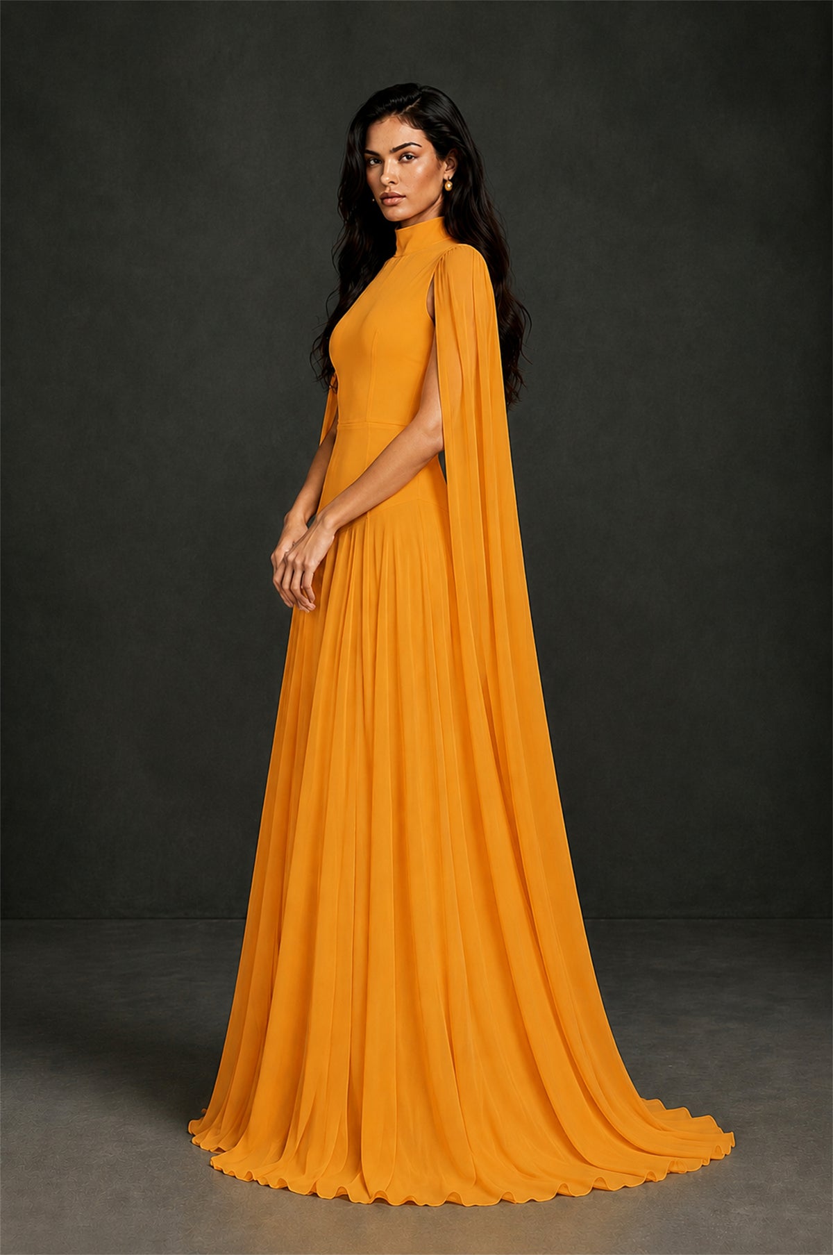 BOLODOO Marigold Mock Neck Cape Sleeve A-Line Chiffon Maxi Dress - Marigold - Marigold (3)