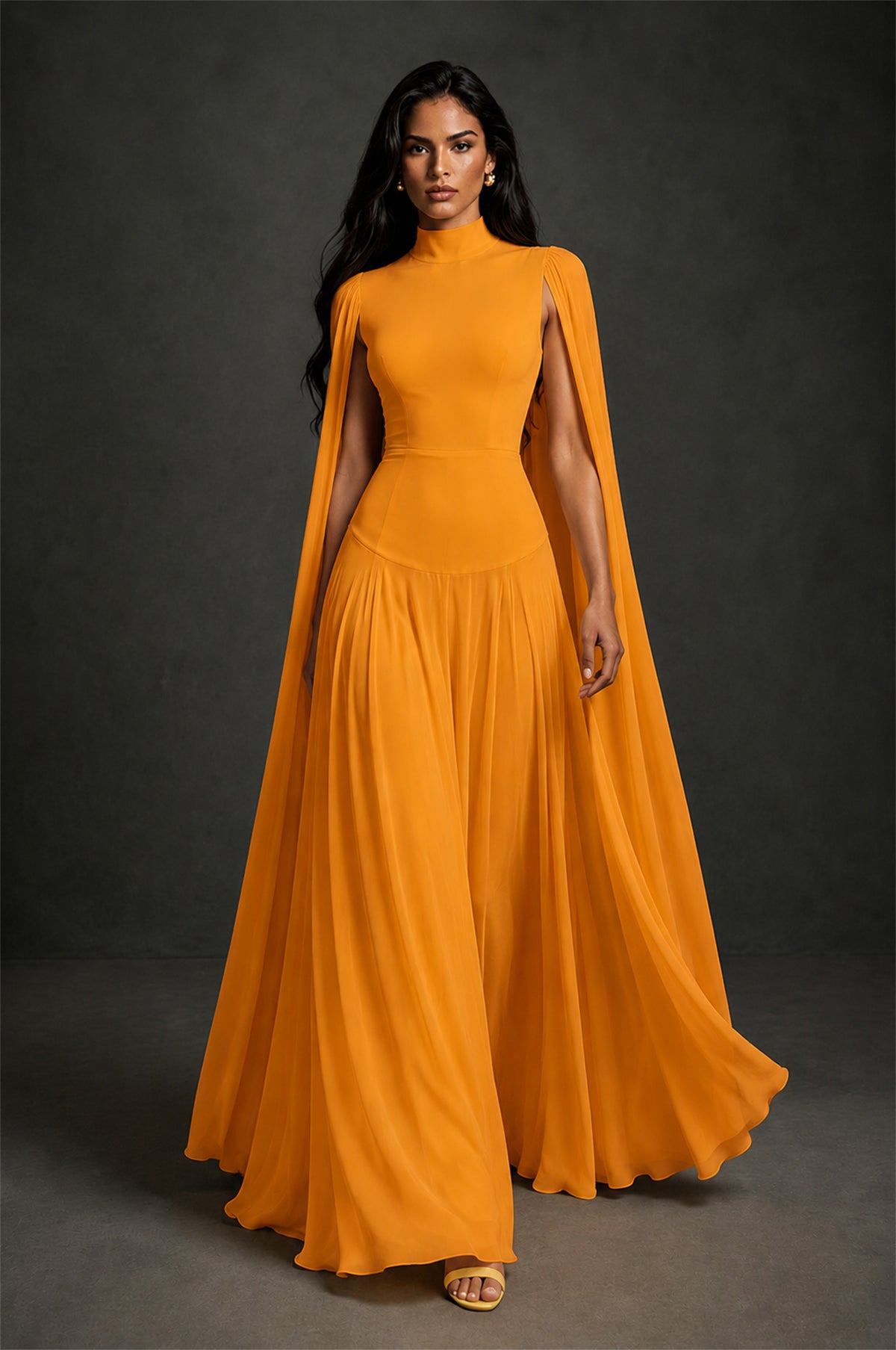 BOLODOO Marigold Mock Neck Cape Sleeve A-Line Chiffon Maxi Dress - Marigold - Marigold (4)