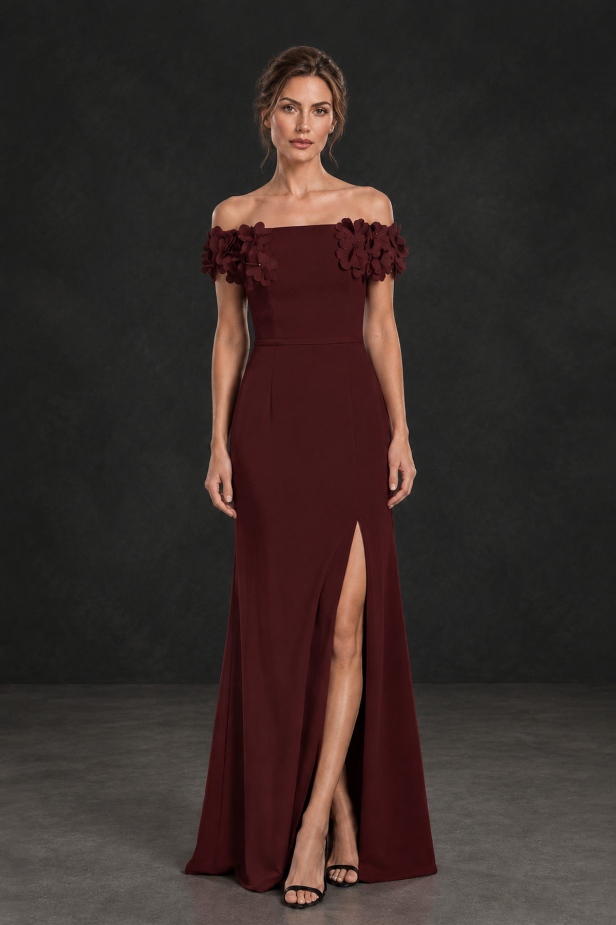 BOLODOO Maroon Off-the-Shoulder Mother of the Bride Dress with Floral Appliques - Maroon - Maroon_01