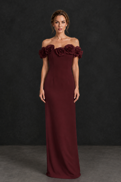 BOLODOO Maroon Off-the-Shoulder Floral Mother of the Bride Gown - Maroon - Maroon_01