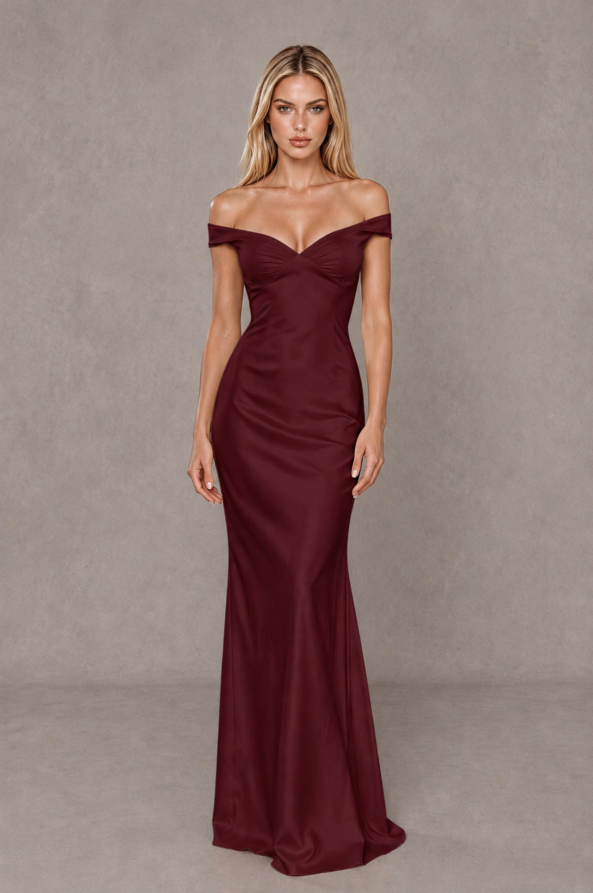 BOLODOO Maroon Off-Shoulder Open-Back Satin Evening Gown - Maroon - Maroon_01