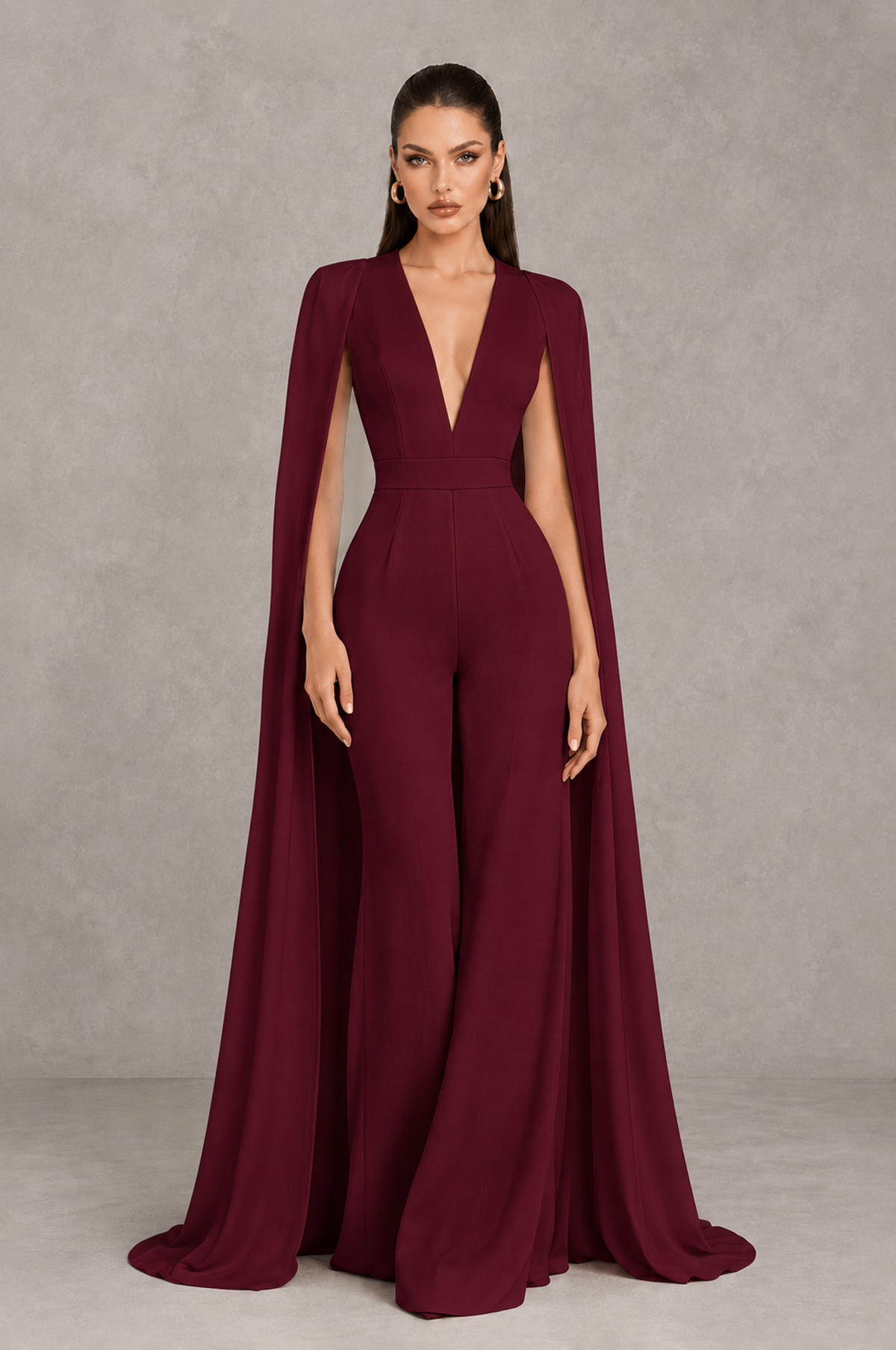 BOLODOO Maroon Deep V-Neck Cape Sleeve Bridal Jumpsuit - Maroon - Maroon_01