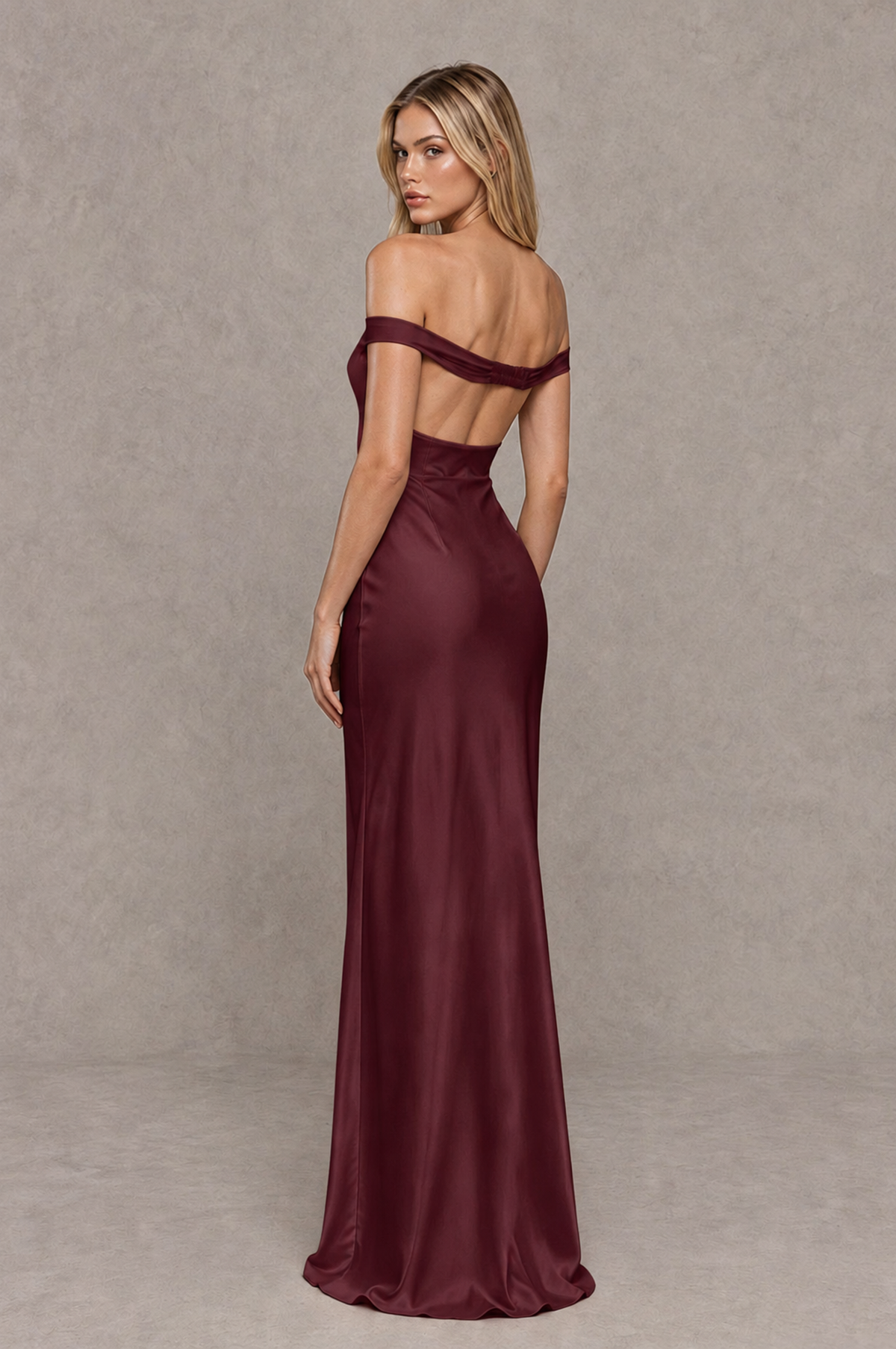 BOLODOO Maroon Off-Shoulder Open-Back Satin Evening Gown - Maroon - Maroon_02
