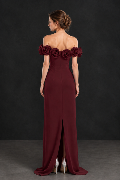 BOLODOO Maroon Off-the-Shoulder Floral Mother of the Bride Gown - Maroon - Maroon_02