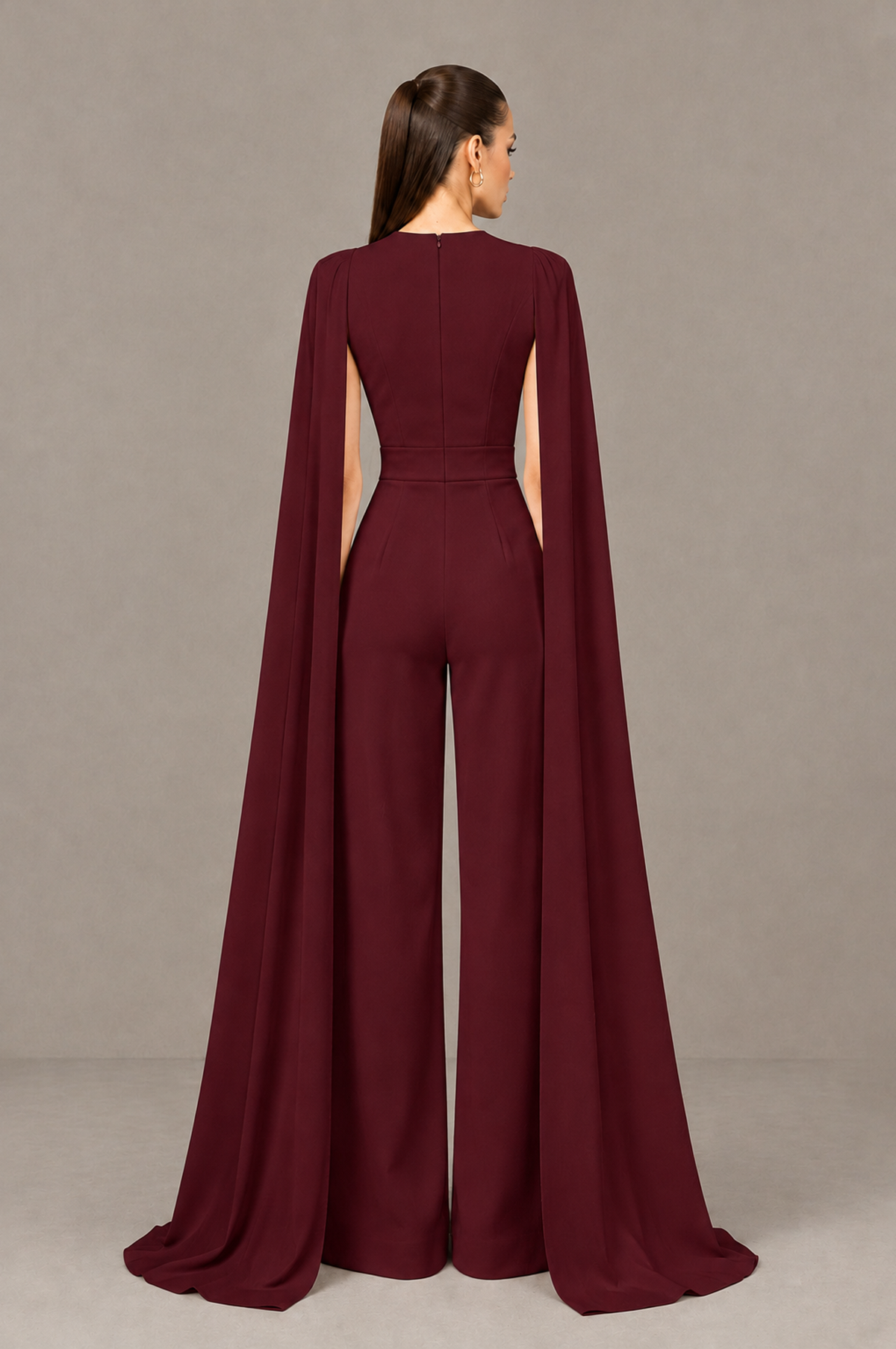 BOLODOO Maroon Deep V-Neck Cape Sleeve Bridal Jumpsuit - Maroon - Maroon_02