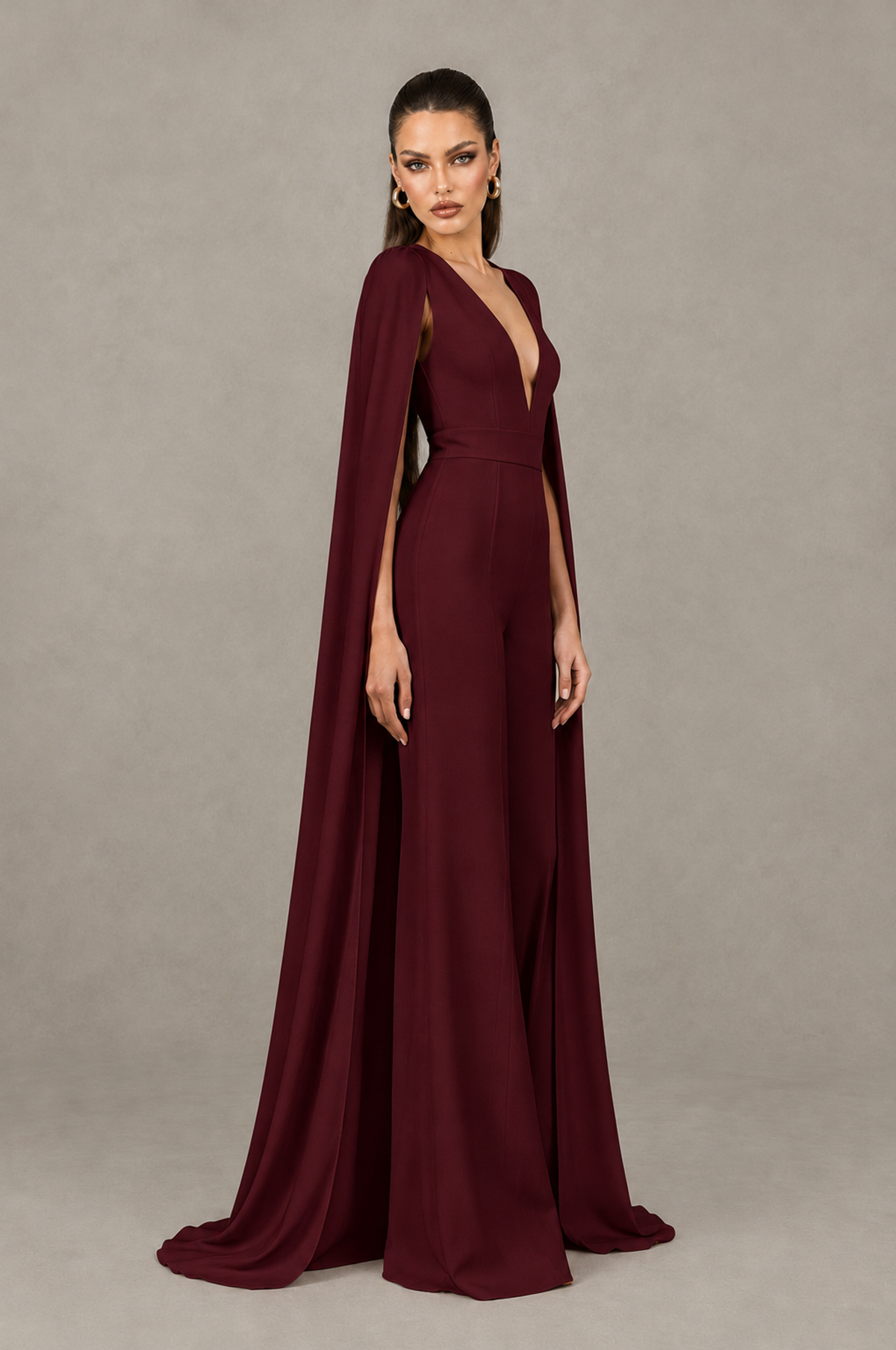 BOLODOO Maroon Deep V-Neck Cape Sleeve Bridal Jumpsuit - Maroon - Maroon_03