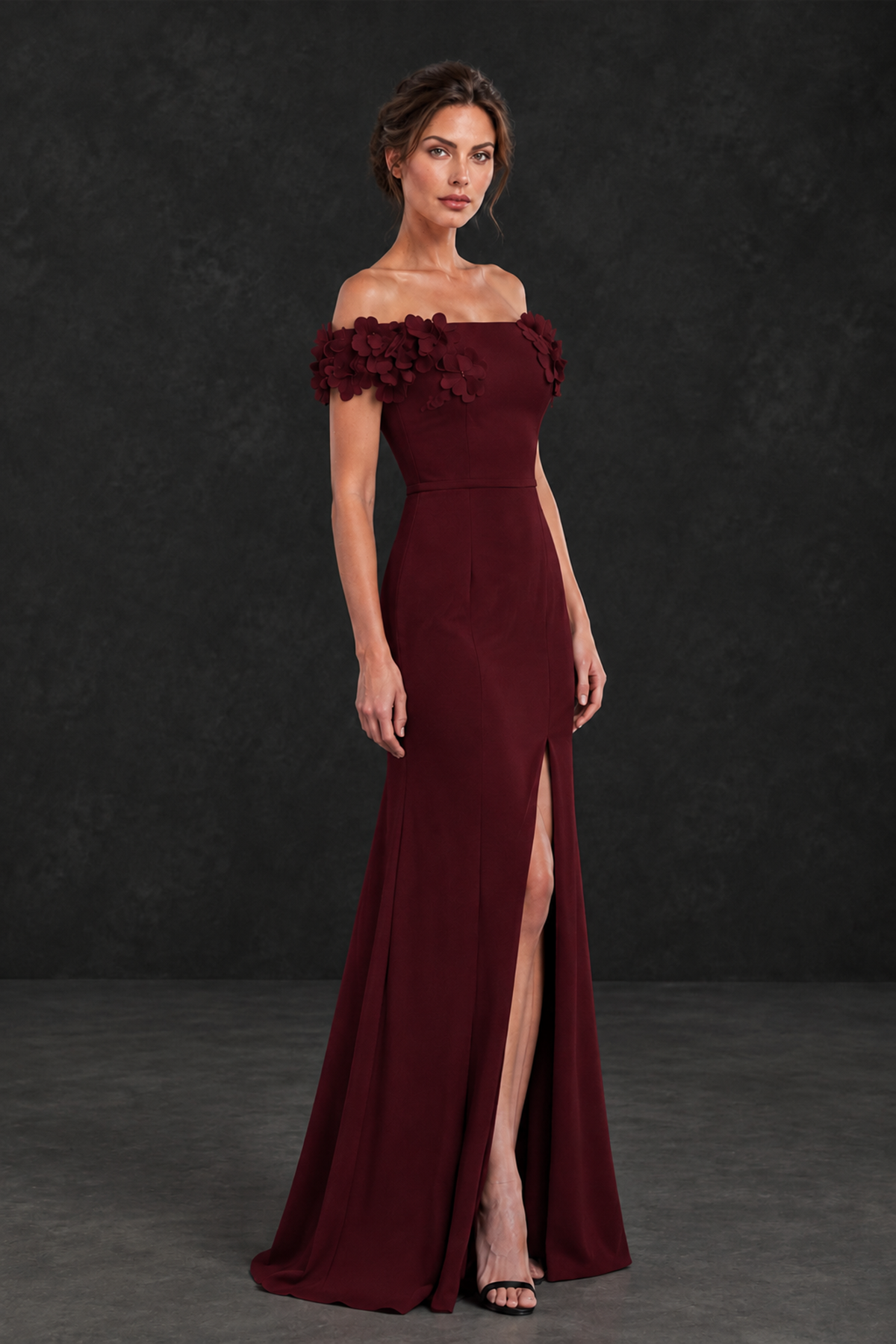 BOLODOO Maroon Off-the-Shoulder Mother of the Bride Dress with Floral Appliques - Maroon - Maroon_03