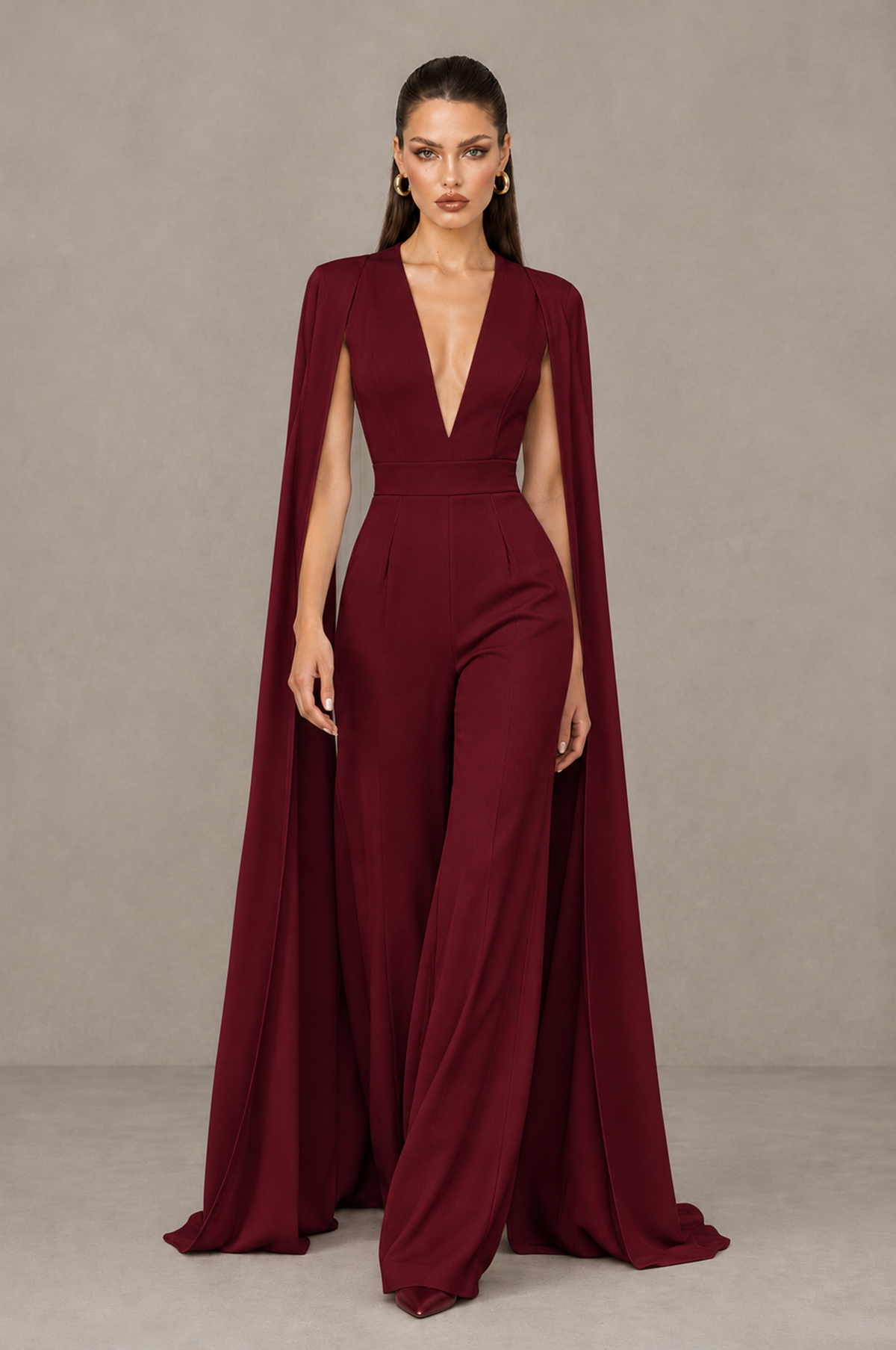 BOLODOO Maroon Deep V-Neck Cape Sleeve Bridal Jumpsuit - Maroon - Maroon_04