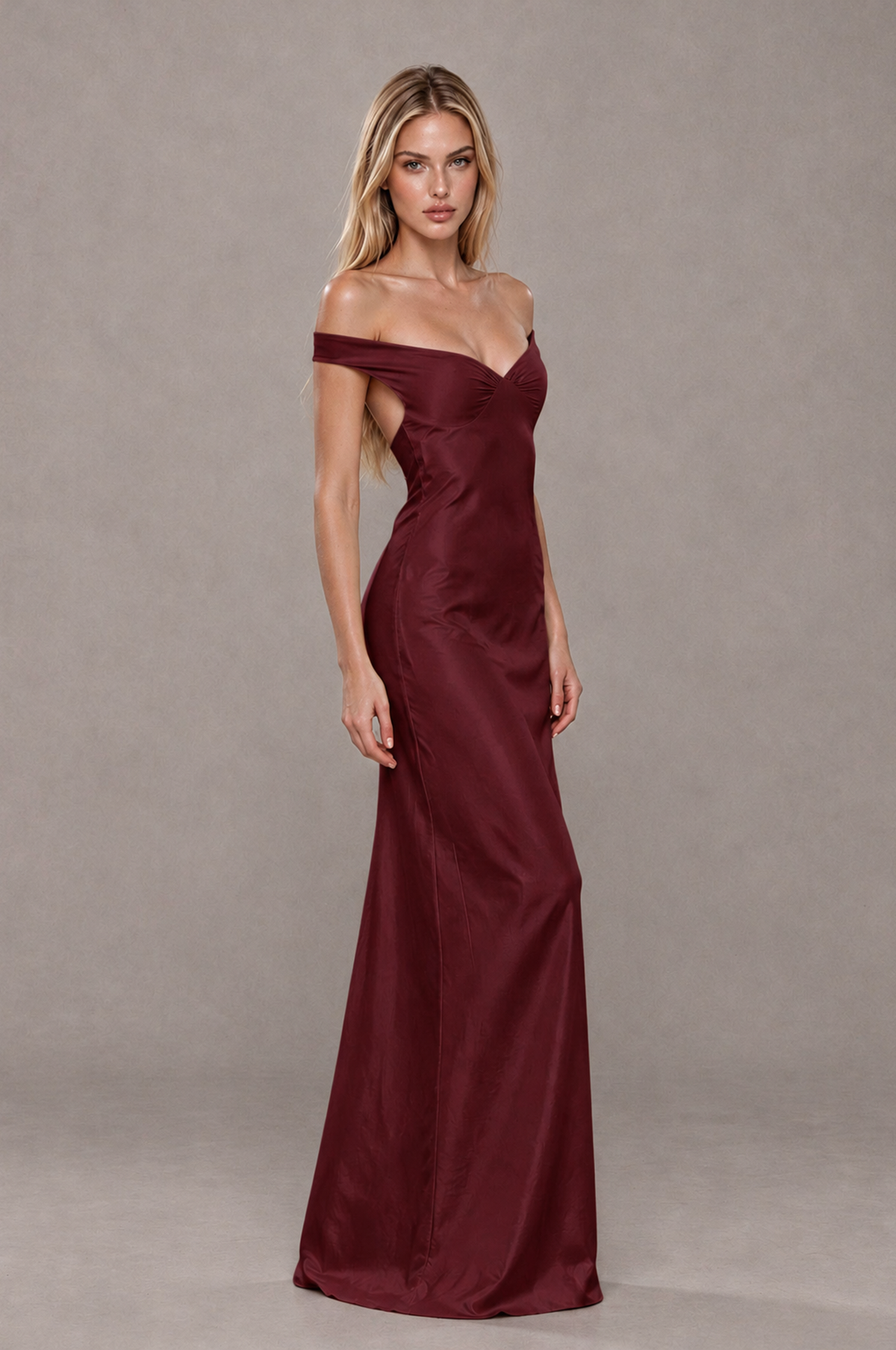 BOLODOO Maroon Off-Shoulder Open-Back Satin Evening Gown - Maroon - Maroon_04