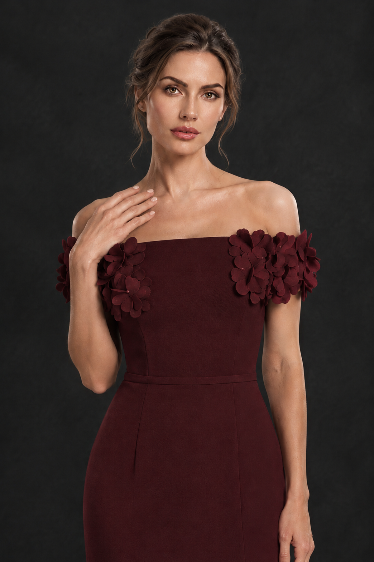 BOLODOO Maroon Off-the-Shoulder Mother of the Bride Dress with Floral Appliques - Maroon - Maroon_04