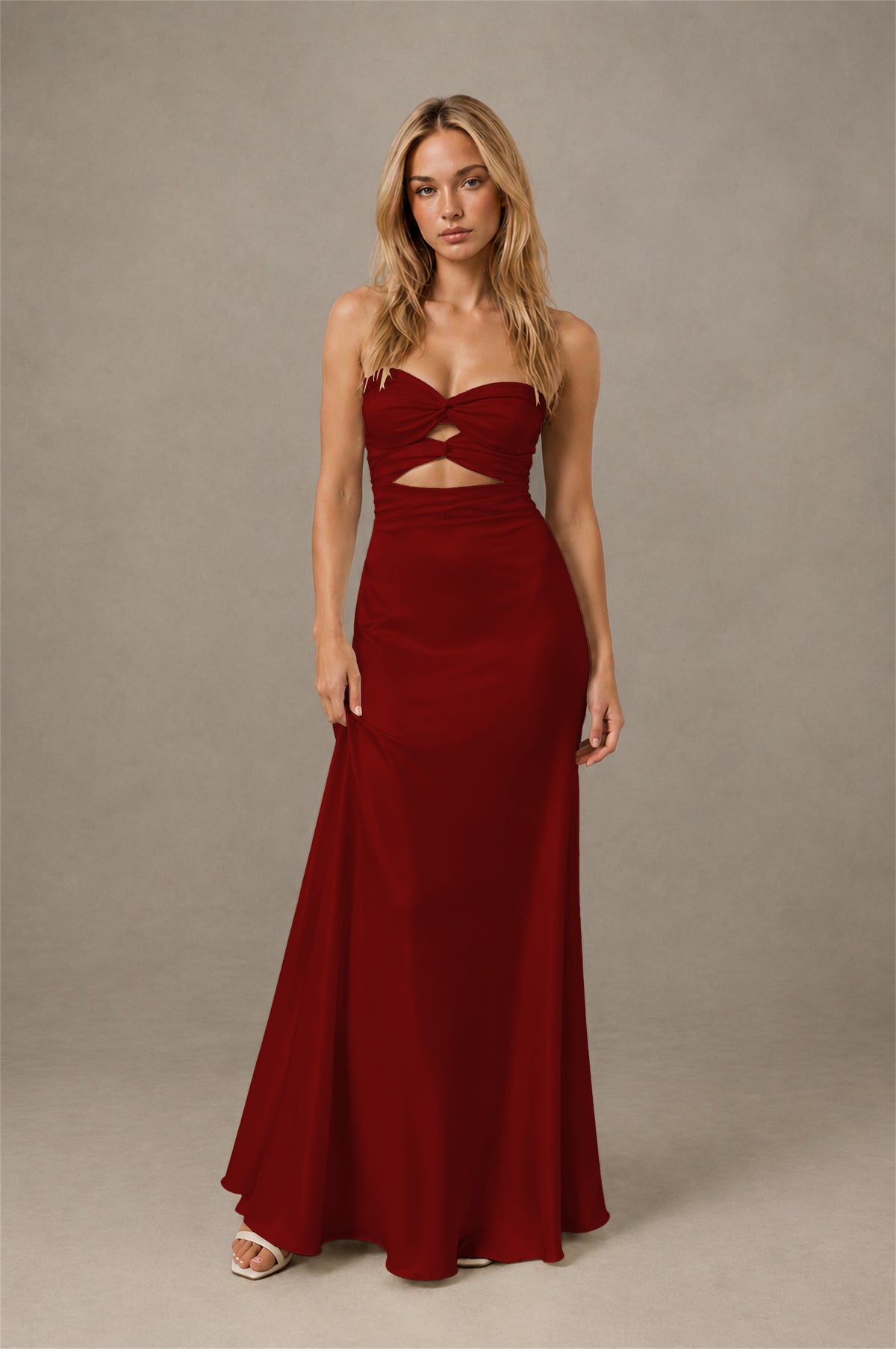 BOLODOO Maroon Sweetheart Strapless Twist Knot Cutout Lace-Up Back Satin Mermaid Maxi Dress - Maroon - Maroon(1)