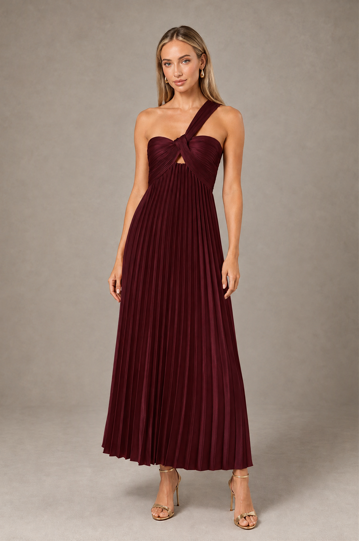 BOLODOO Maroon One-Shoulder Twist Knot Pleated Satin Midi Dress with Cutout - Maroon - Maroon_1
