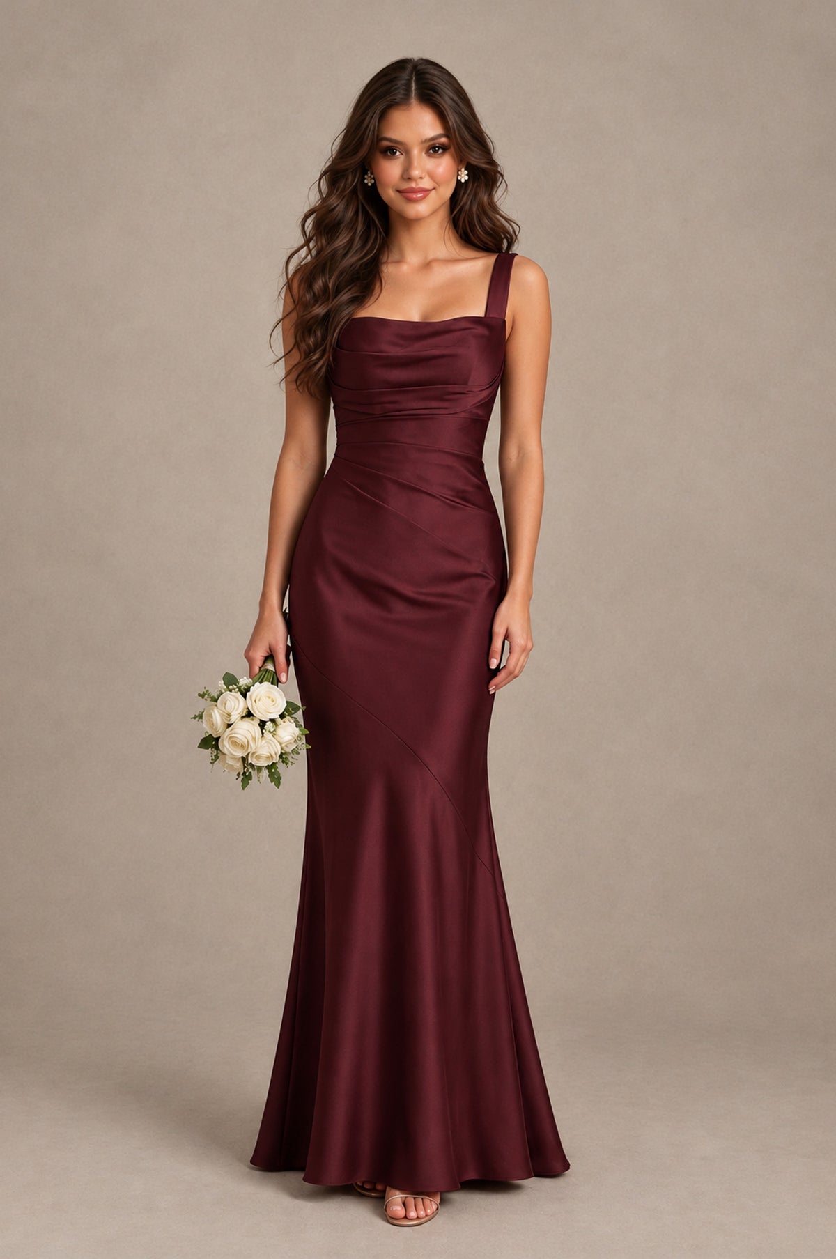 BOLODOO Maroon Square Neck Ruched Satin Lace-Up Bridesmaid Dress - Maroon - Maroon_1